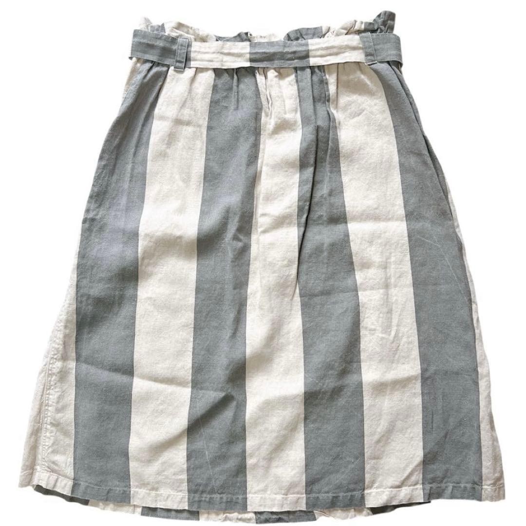Ichi Antiquites Linen Knee-Length Skirt Beige Gray Stripe Elastic Waist
