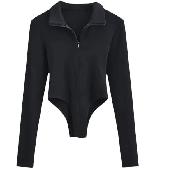 Women’s Bodysuit Black L Long Sleeve Zip Front Collar Stretch USA Seller