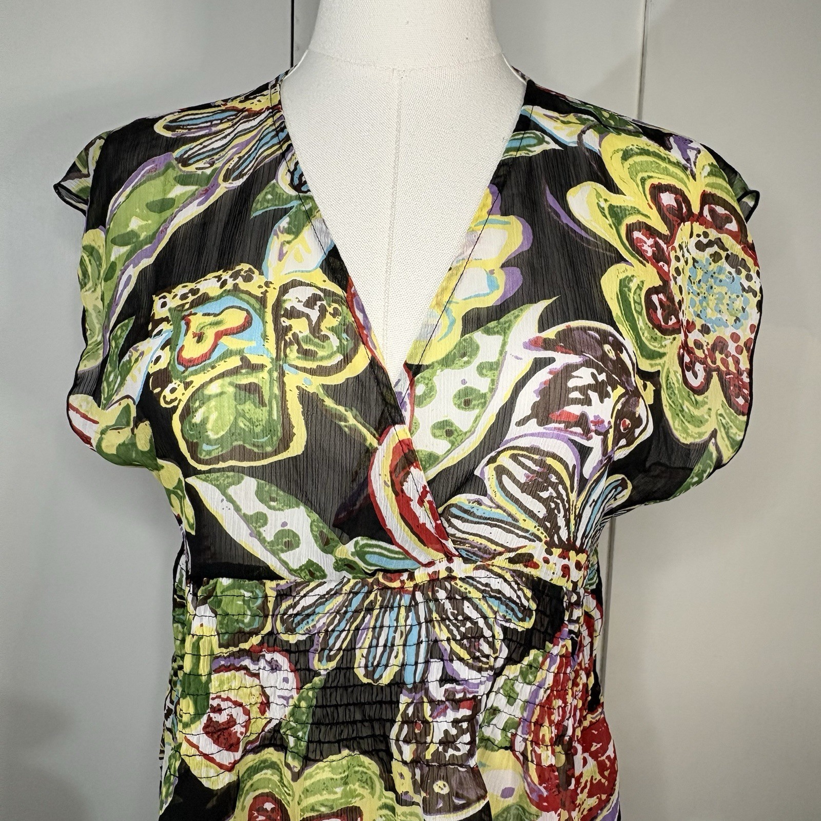 Bisou Bisou Blouse Sheer Top Colorful Floral Bold 90s Y2K Boho Women M V-Neck