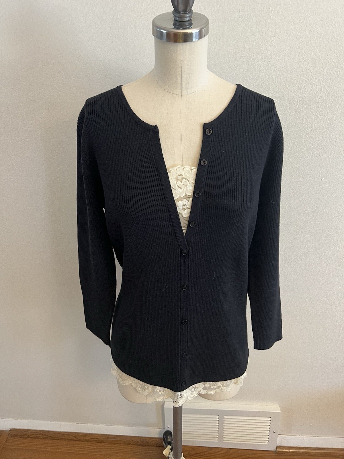 Vintage Spiegel Women’s Blouse L Black/Ivory Lace Pullover Ribbed Cotton 3/4 Slv