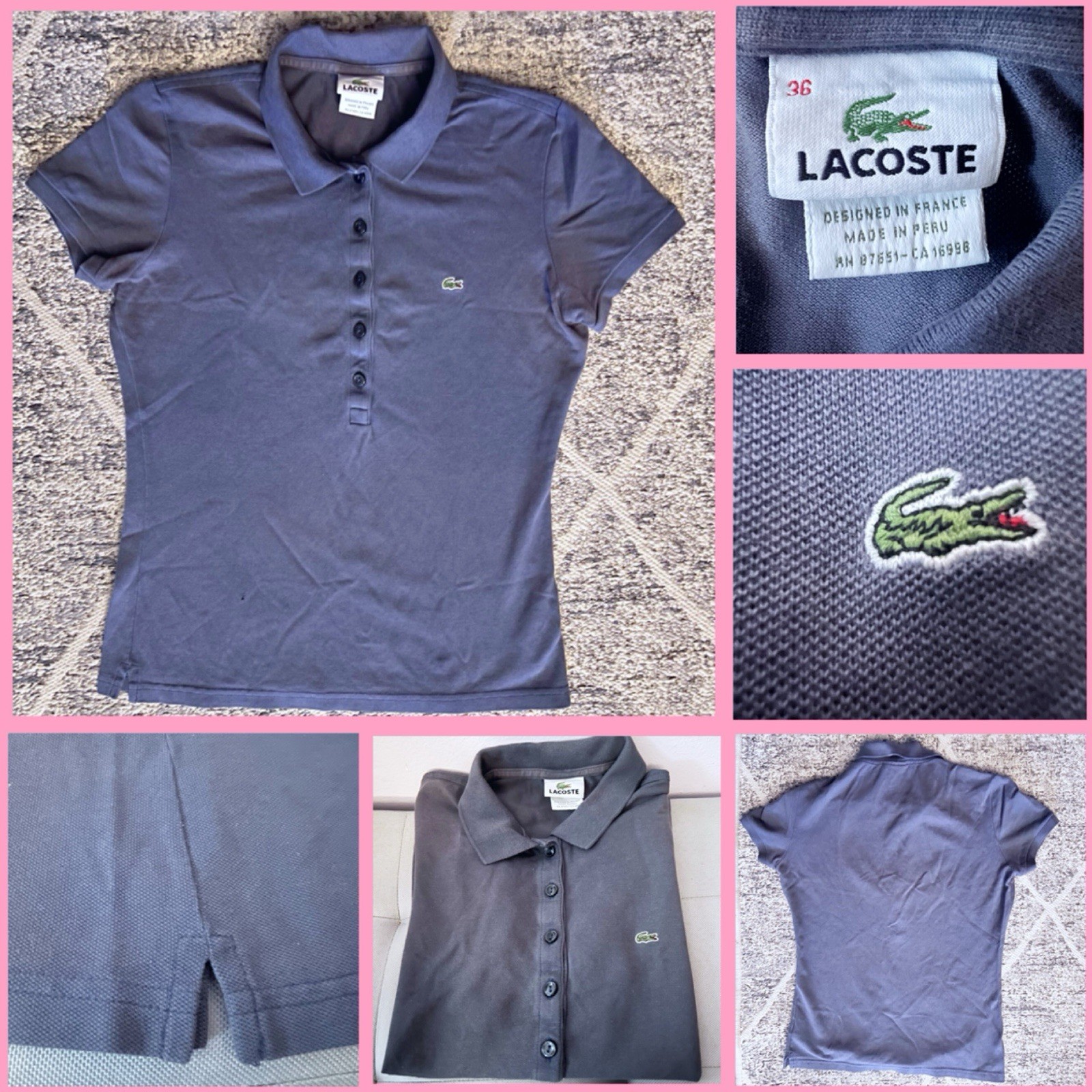 Lacoste Logo Women’s 36 (S) Pique Polo Navy Blue Short Sleeve 5 Button Shirt