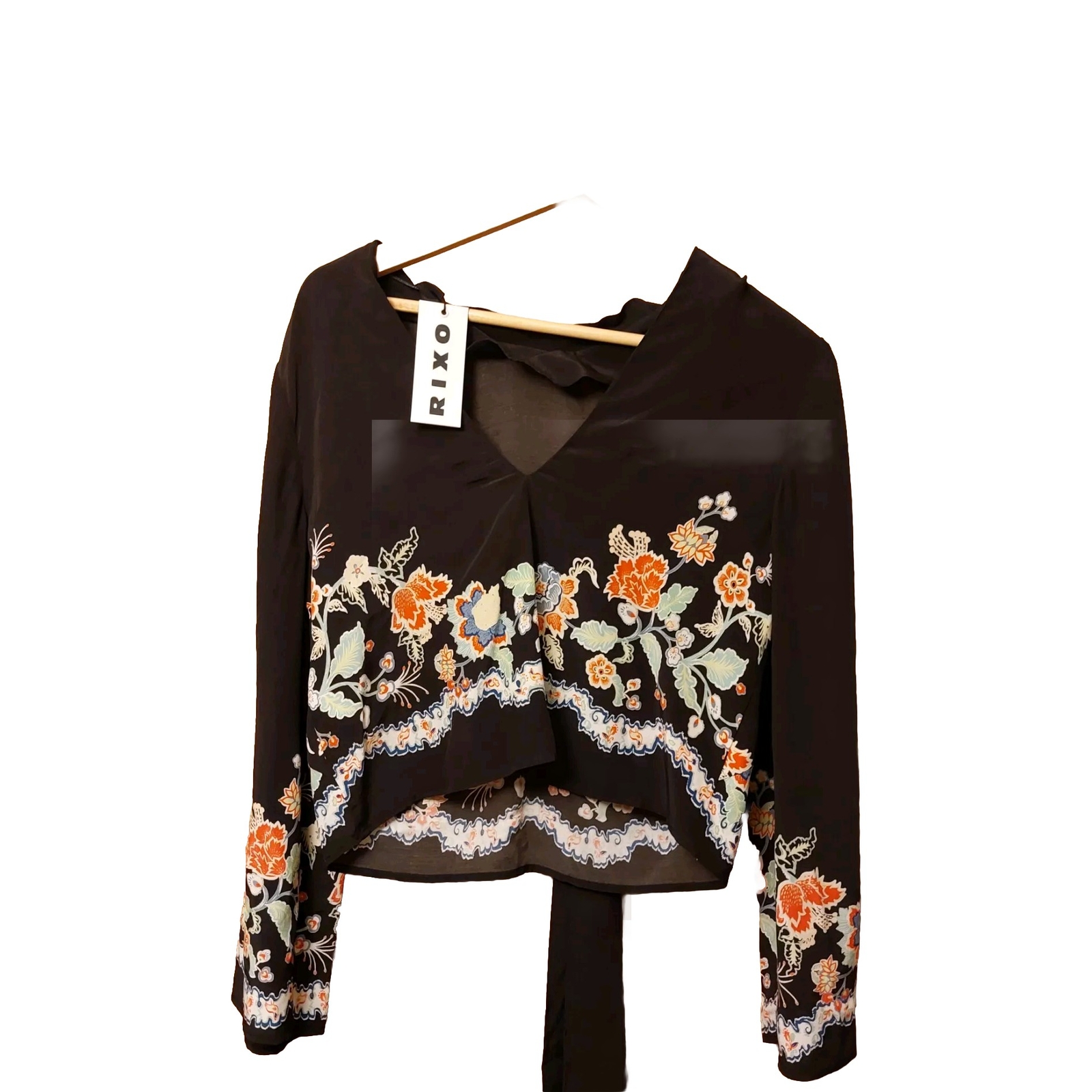 Rixo Georgie Top Size XS Black Cropped Floral Print Crepe De Chine Blouse New