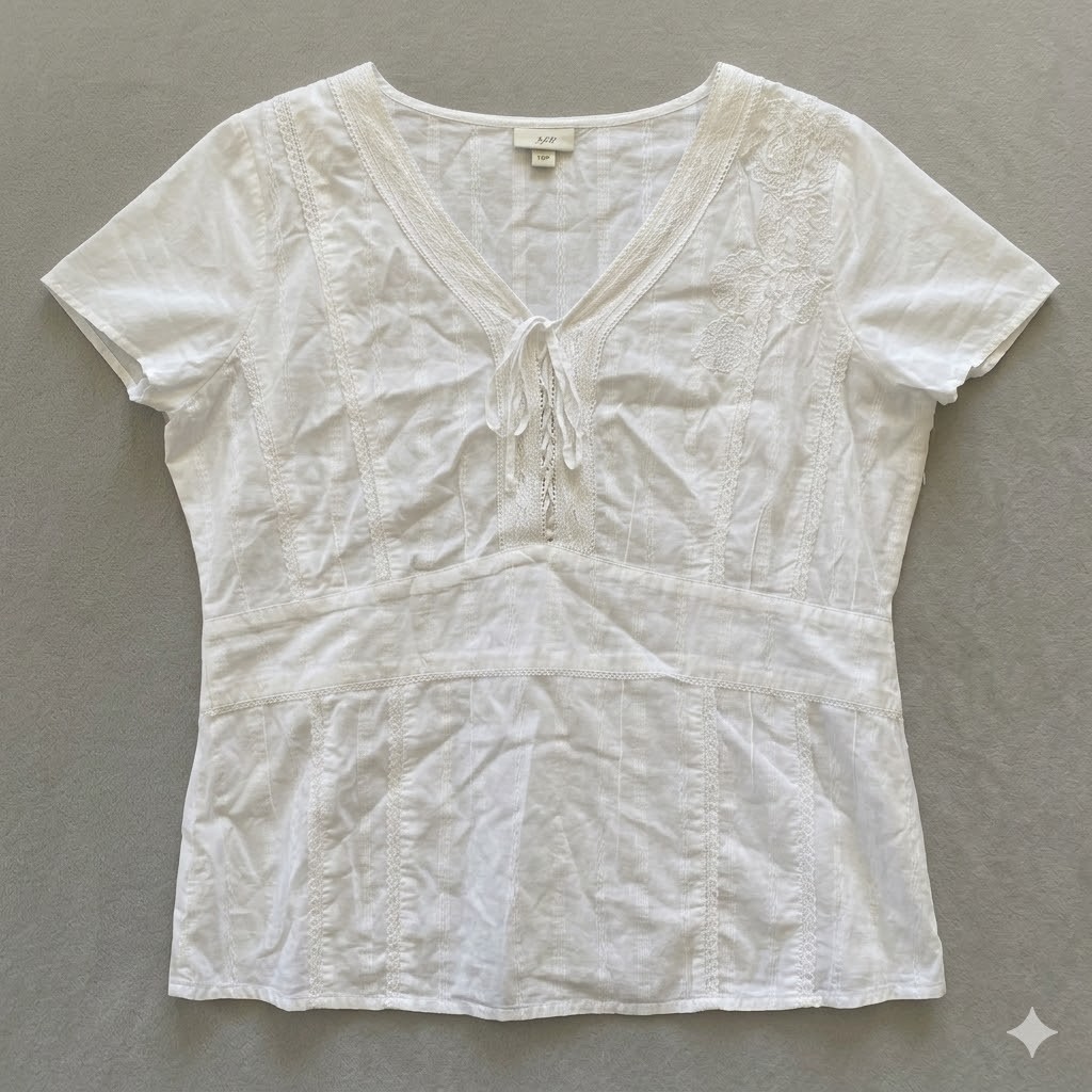 J. Jill Size 14P White Embroidered Top Lace Trim Cotton Boho Blouse 14 Petite