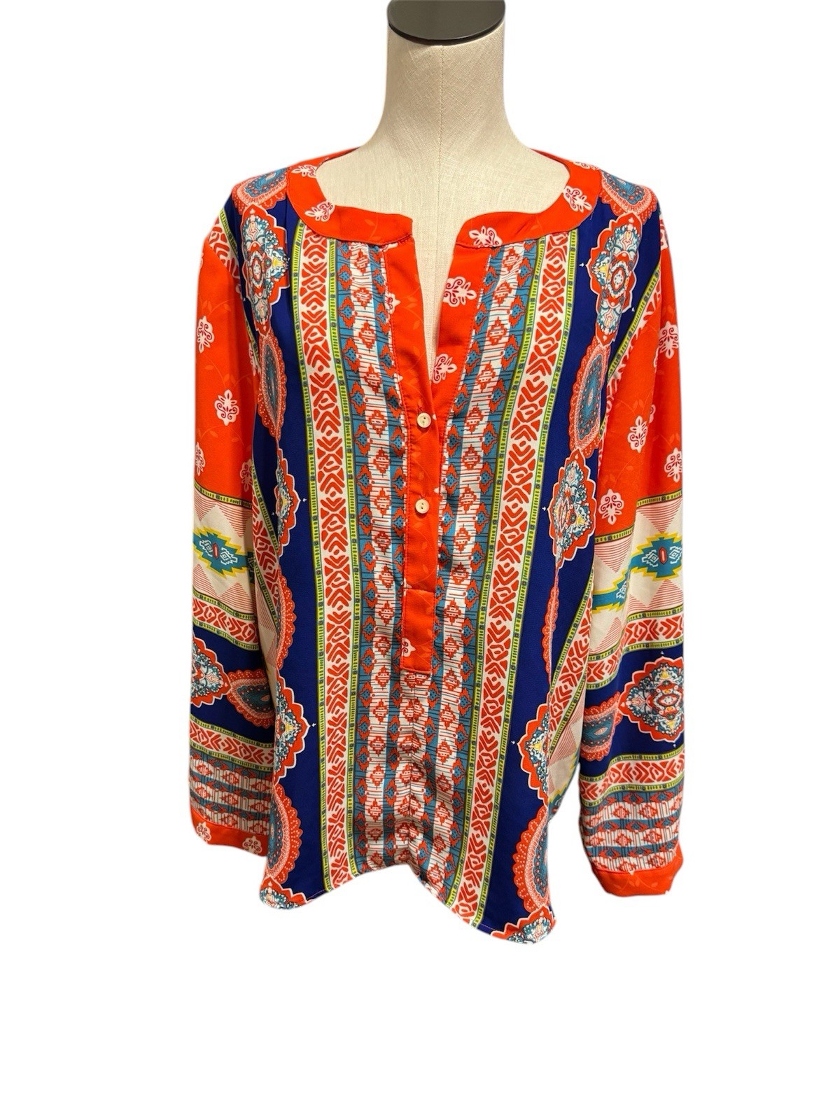 NEW! Gibson & Latimer Boho Placement Print Tunic Blouse Size XL Orange Blue