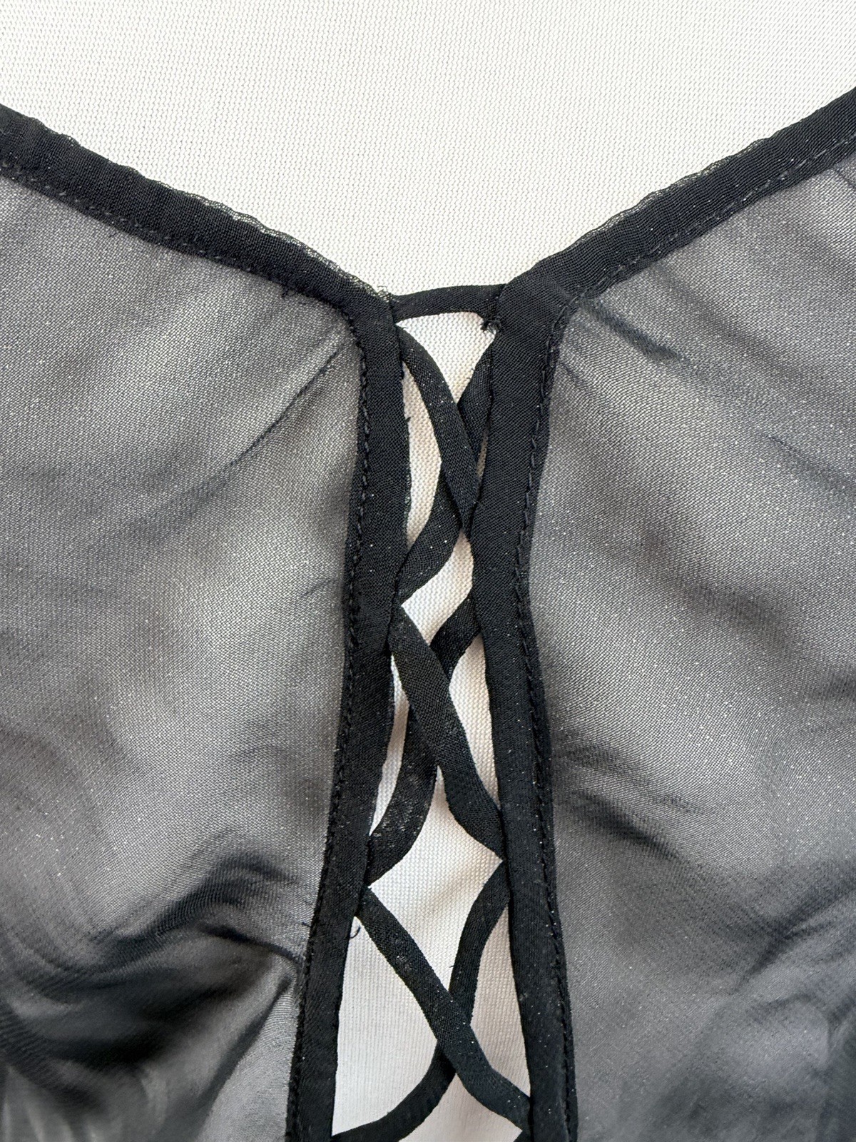 Black Sheer Lace Up Lingerie Ultra Mini Slip Dress Y2K Coquette Dreamy Vintage S