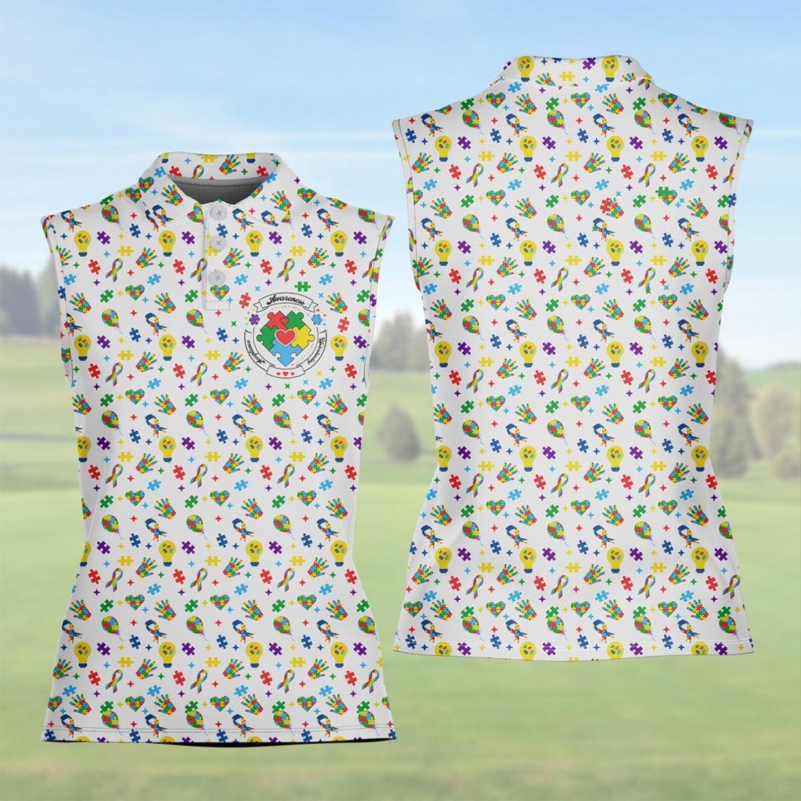 Women’s Autism Awareness Sleeveless Golf Polo Colorful Puzzle Shirt