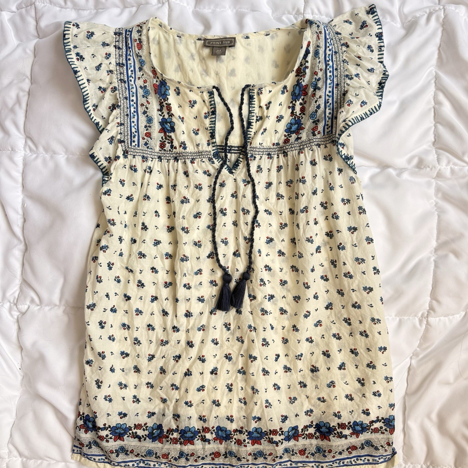 J.Crew Point Sur Floral Cotton Peasant Blouse Boho Tassel Tie Flutter Sleeve S/T