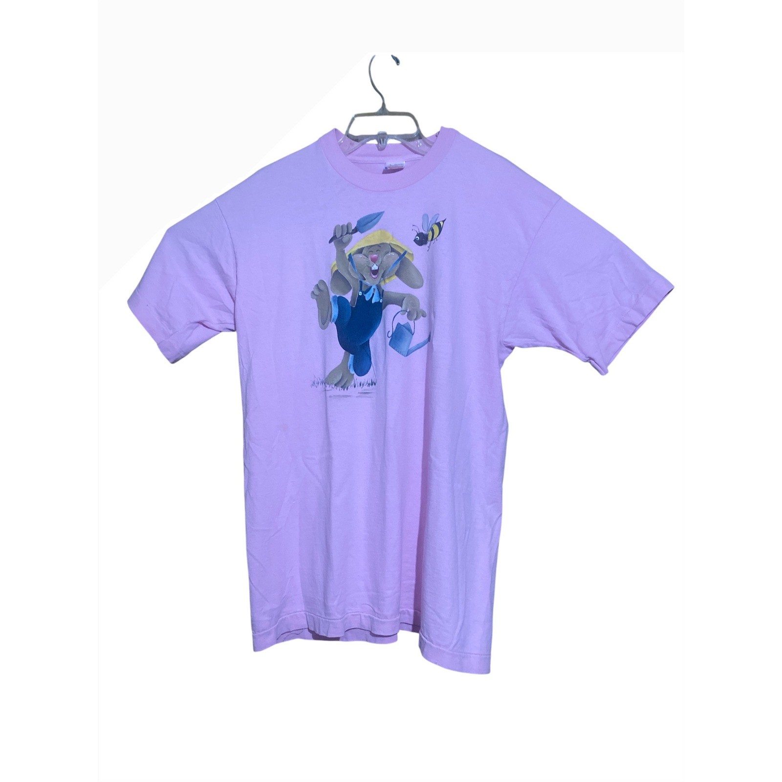 Fruit of the Loom Vintage Bunny Bee Gardener Graphic T-Shirt Pink Single Stitch