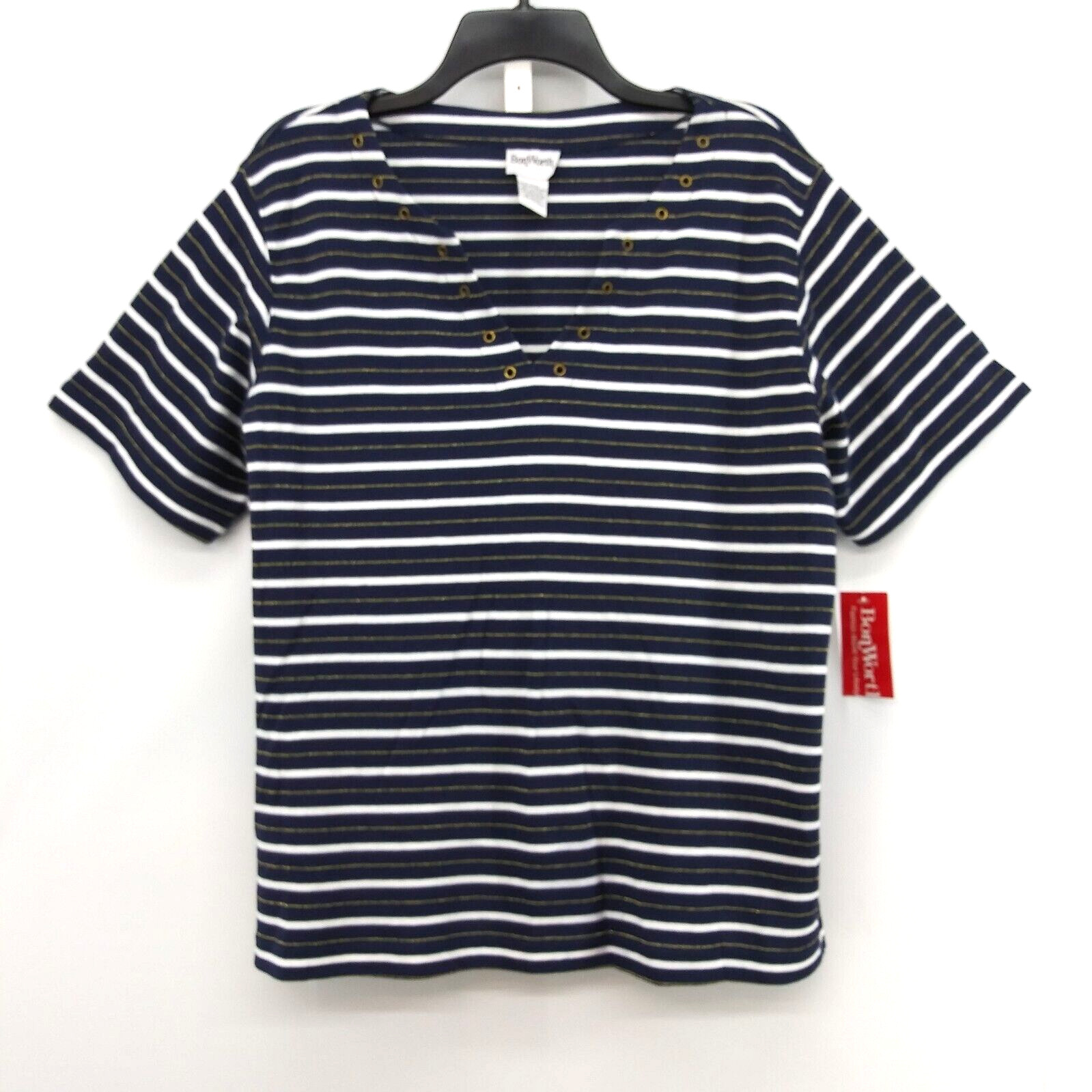 Bon Worth Shirt Womens Size MP Blue White Gold Glitter Striped Short Sleeve Top