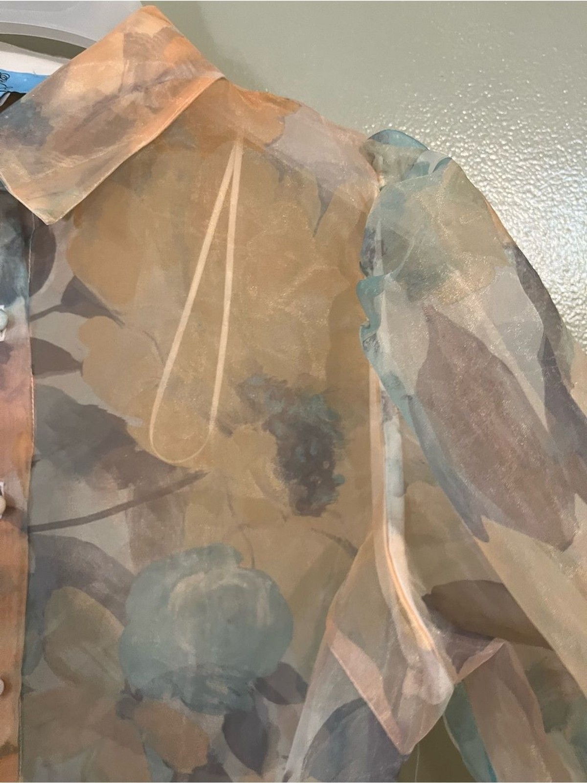Ce Ce Sheer Floral Organza Button-Down Blouse in Peach & Teal Puff Sleeves S NWT