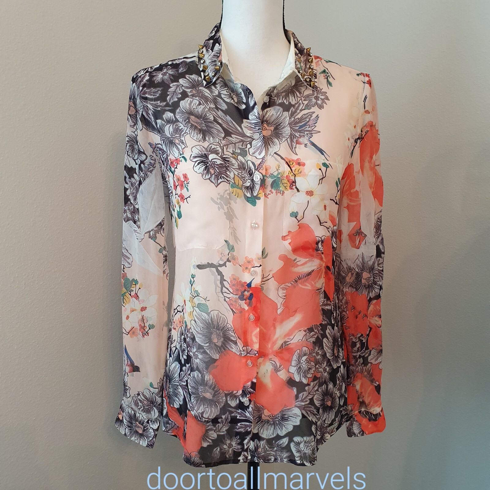 Guess LS Clouis Sheer Shirt Floral Button Down Japanese Mood Studded sz XS NWT