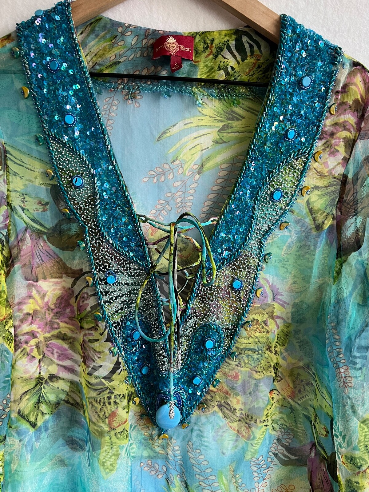 “From The Heart” Women Sheer Floral Print Beeded Cover Ups Size S Made In India