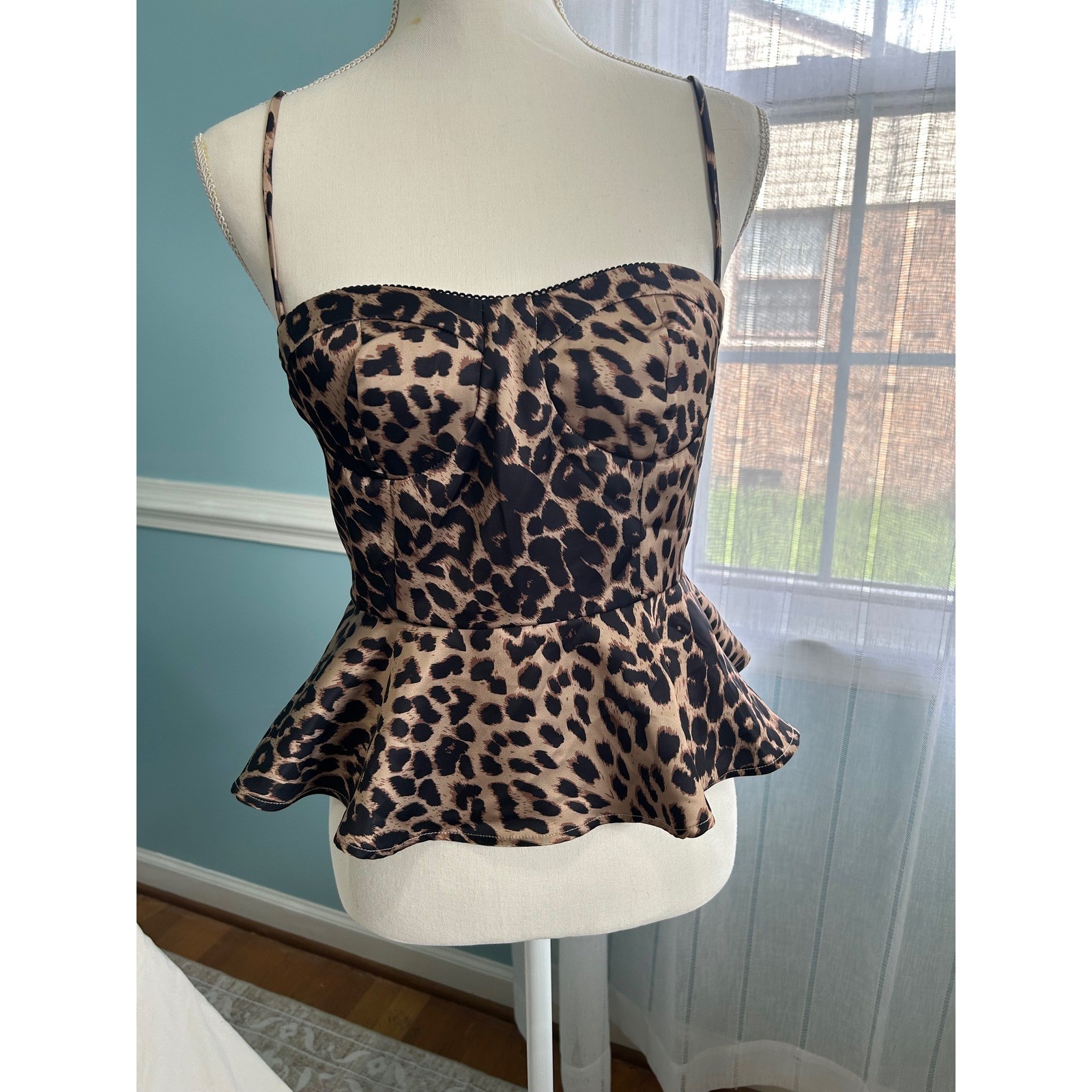 Edit by Nine Womens Leopard Print Peplum Bustier Top Tan Black Size M