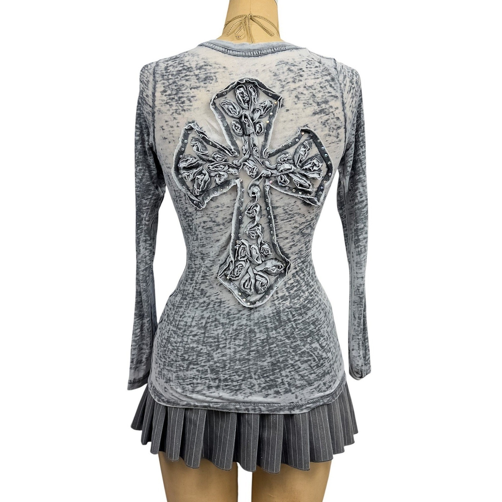 Y2K Sinful Velvet Burnout Long Sleeve Gray Semi Sheer Grunge McBling Goth M