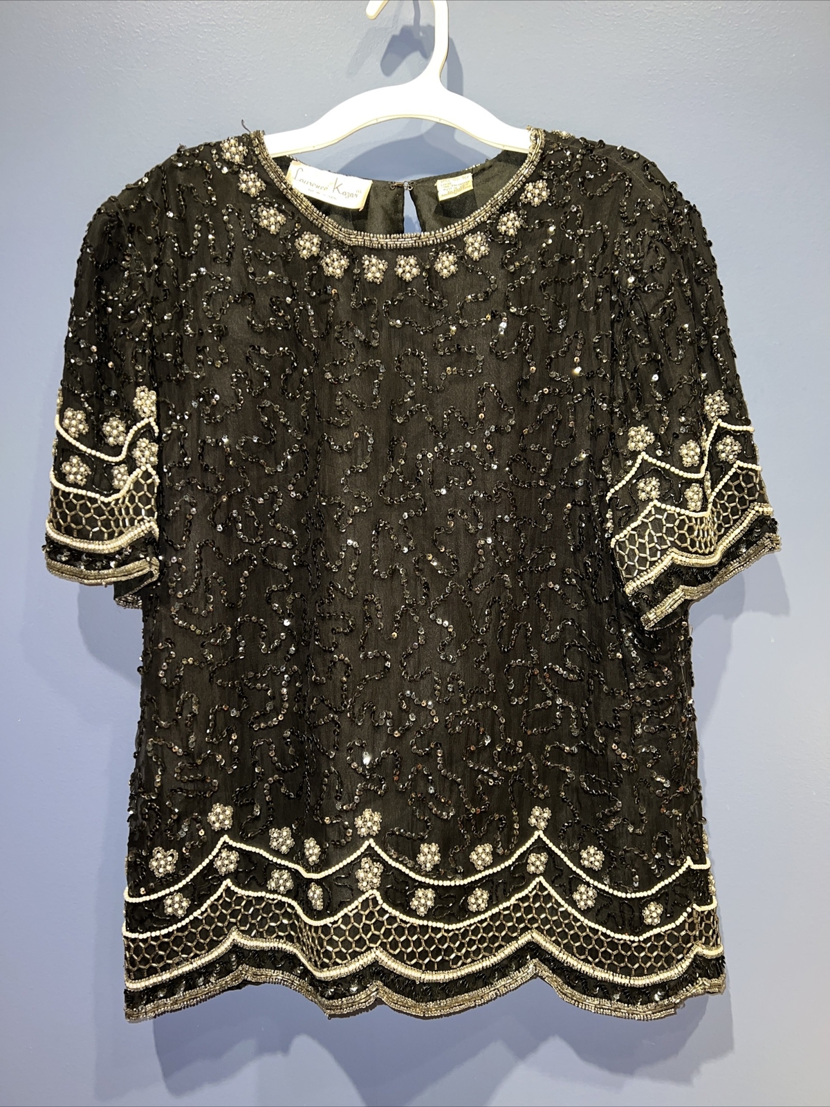 Large Laurence Kazar, 100% Silk Hand Beaded Bouse, Vintage, Pearls, Gorgeous