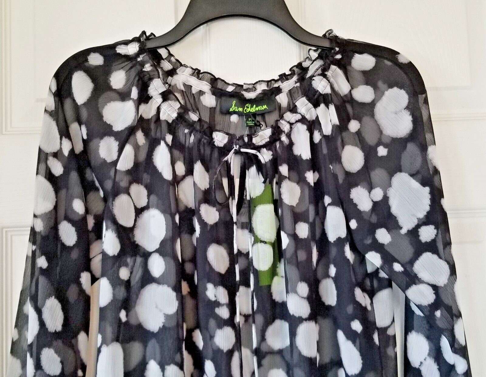 SAM EDELMAN Black & Ivory Spotted Blouse Tie Neck Long Sleeves Sheer Size M NWT