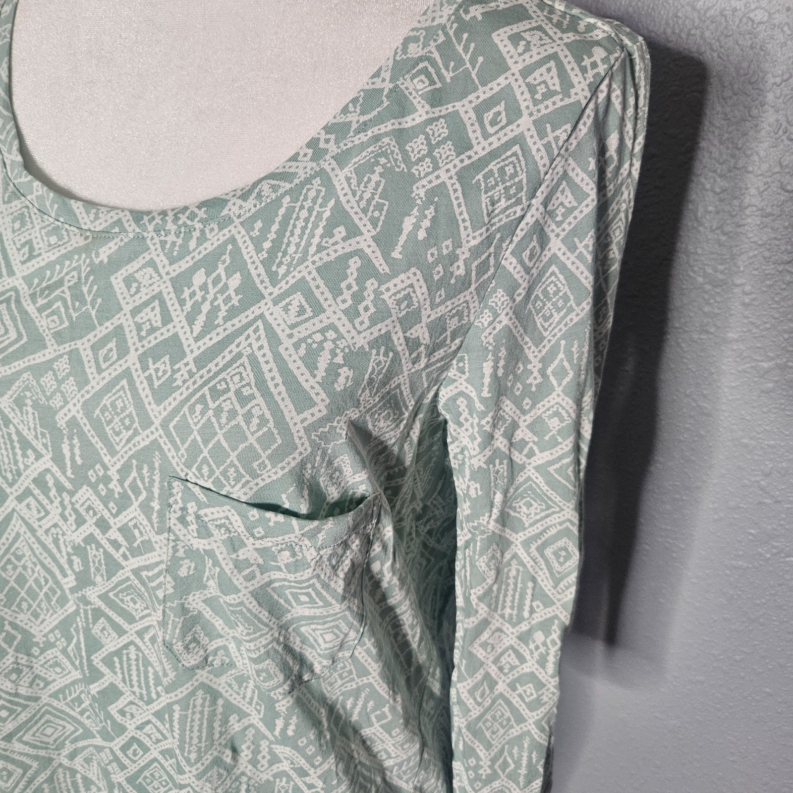 Peruvian Connection 3/4 Sleeve Green Geometric Top Women’s XS Pima Cotton Peru