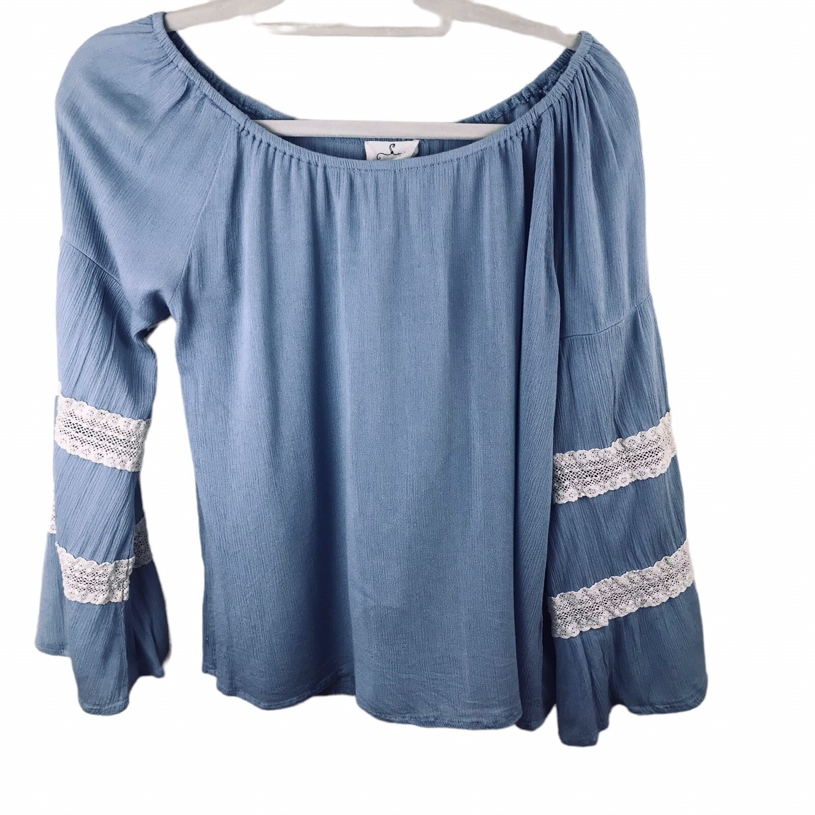 Cottage Core Womens Top M Peasant Blue Bell Sleeve Boho Scoop Lace Long Sleeves