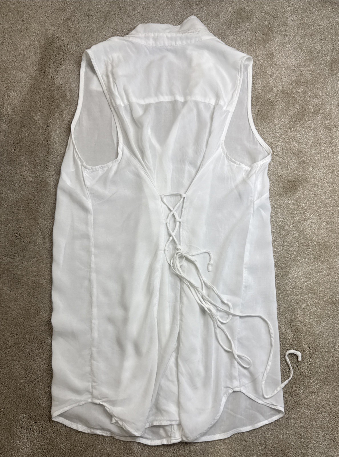 BCBG Generation White Sheer Button Up Collared Sleeveless Back Tie SizeM