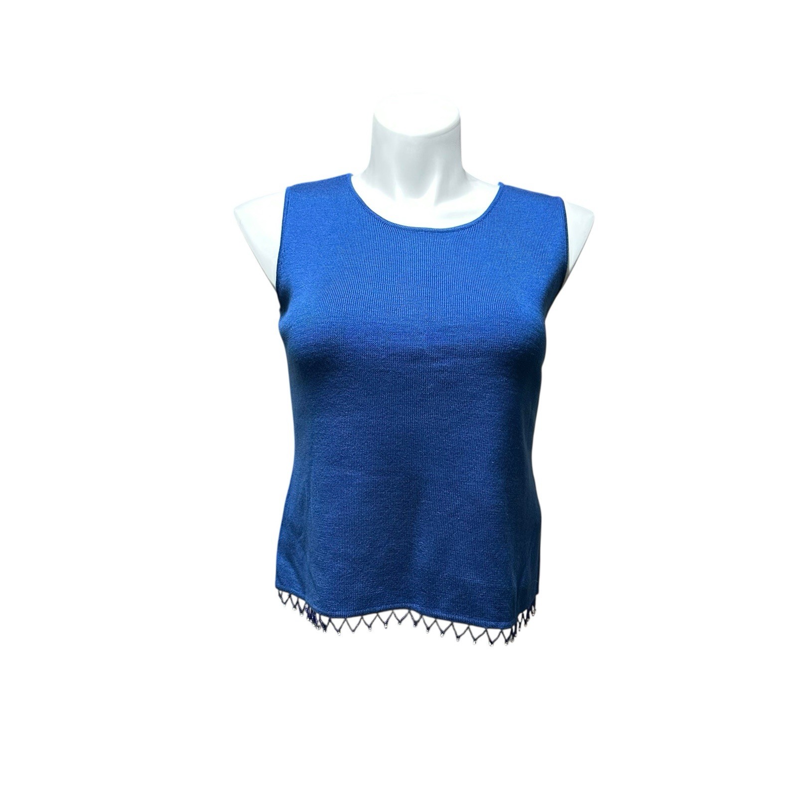 Requirements NWT Women’s Large Top Blue Sleeveless Beaded Fringe Shirt New