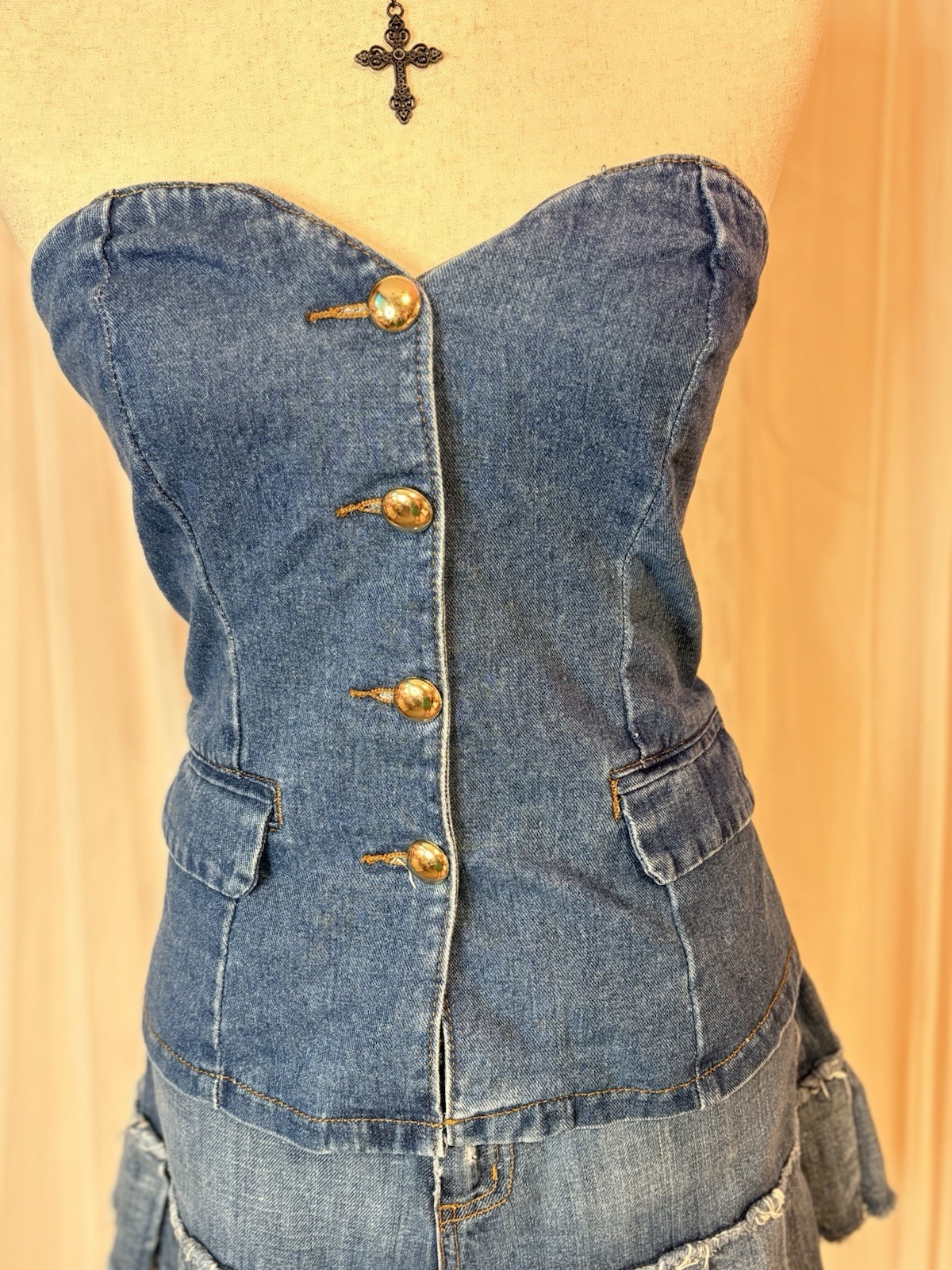 Sincerely Jules Denim Corset Tube Top Strapless Bustier Button Front Size L Y2K