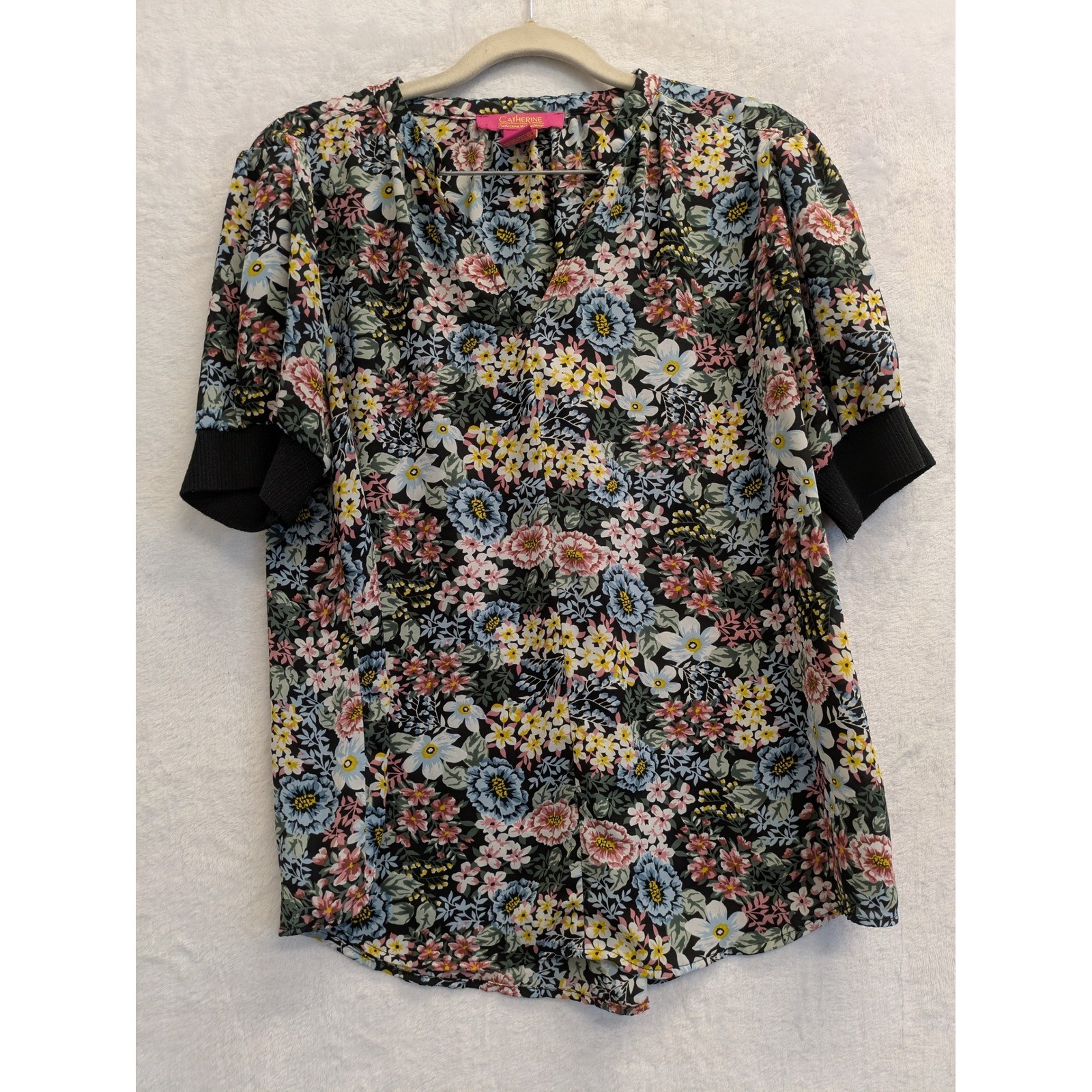 Catherine Malandrino Floral Print V Neck Top Black Multicolor Medium