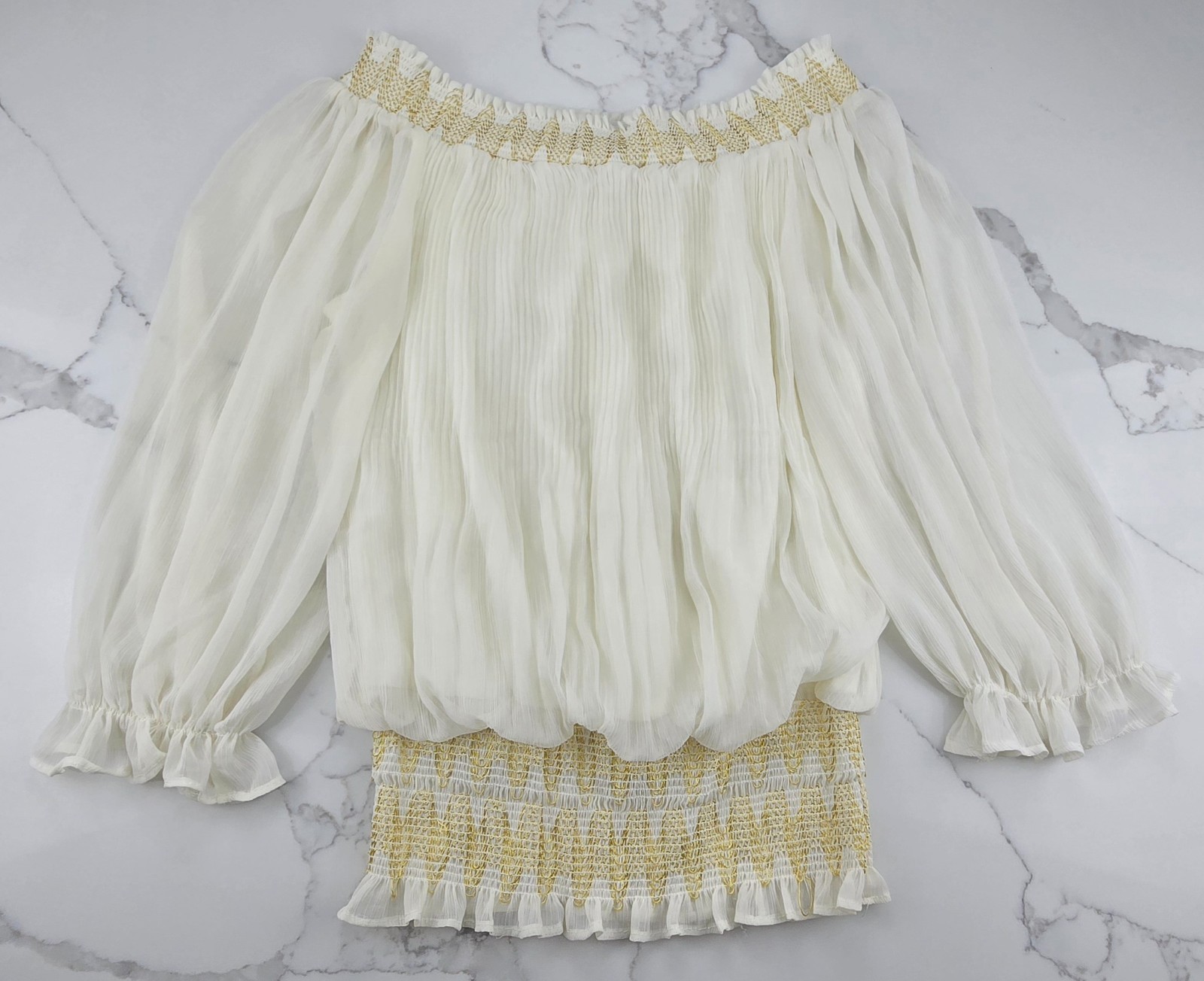 XOXO Size M Blouse Ivory Off the Shoulder Smocked Gold Y2K Boho Peasant Top