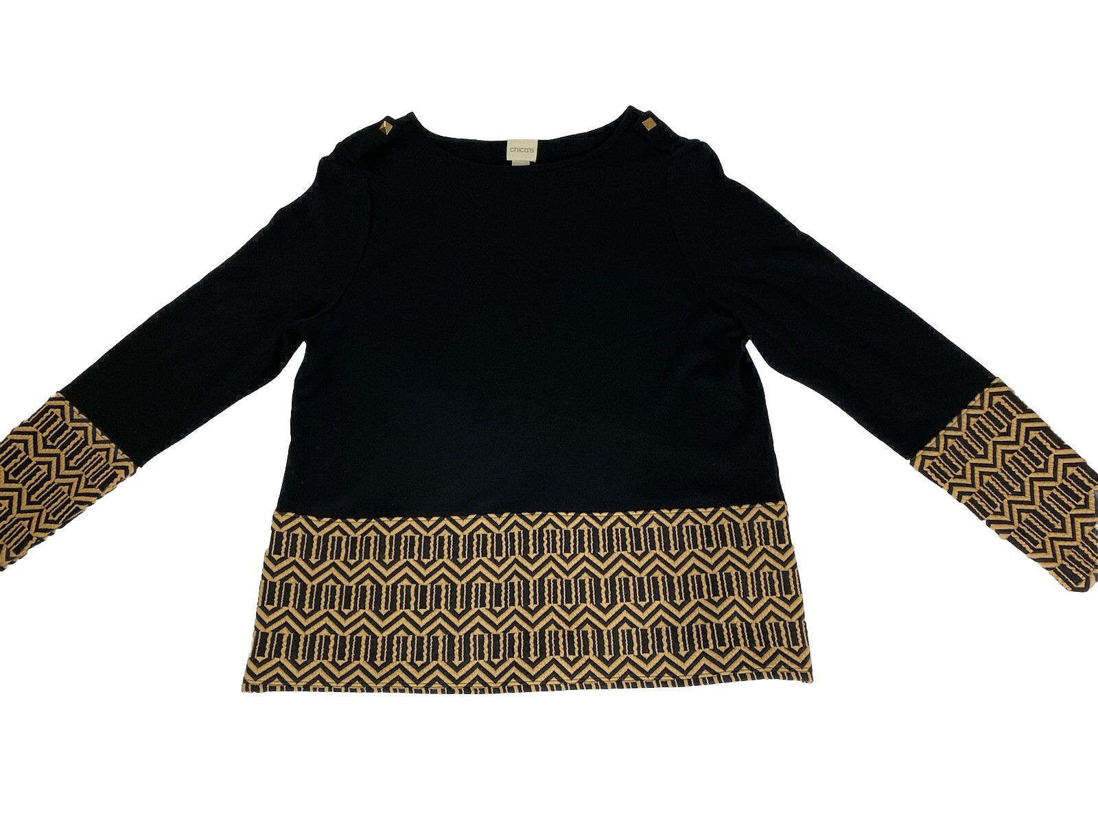 Chico’s Shirt Women’s 2 Black Tan Geometric Print Classic Casual Comfort