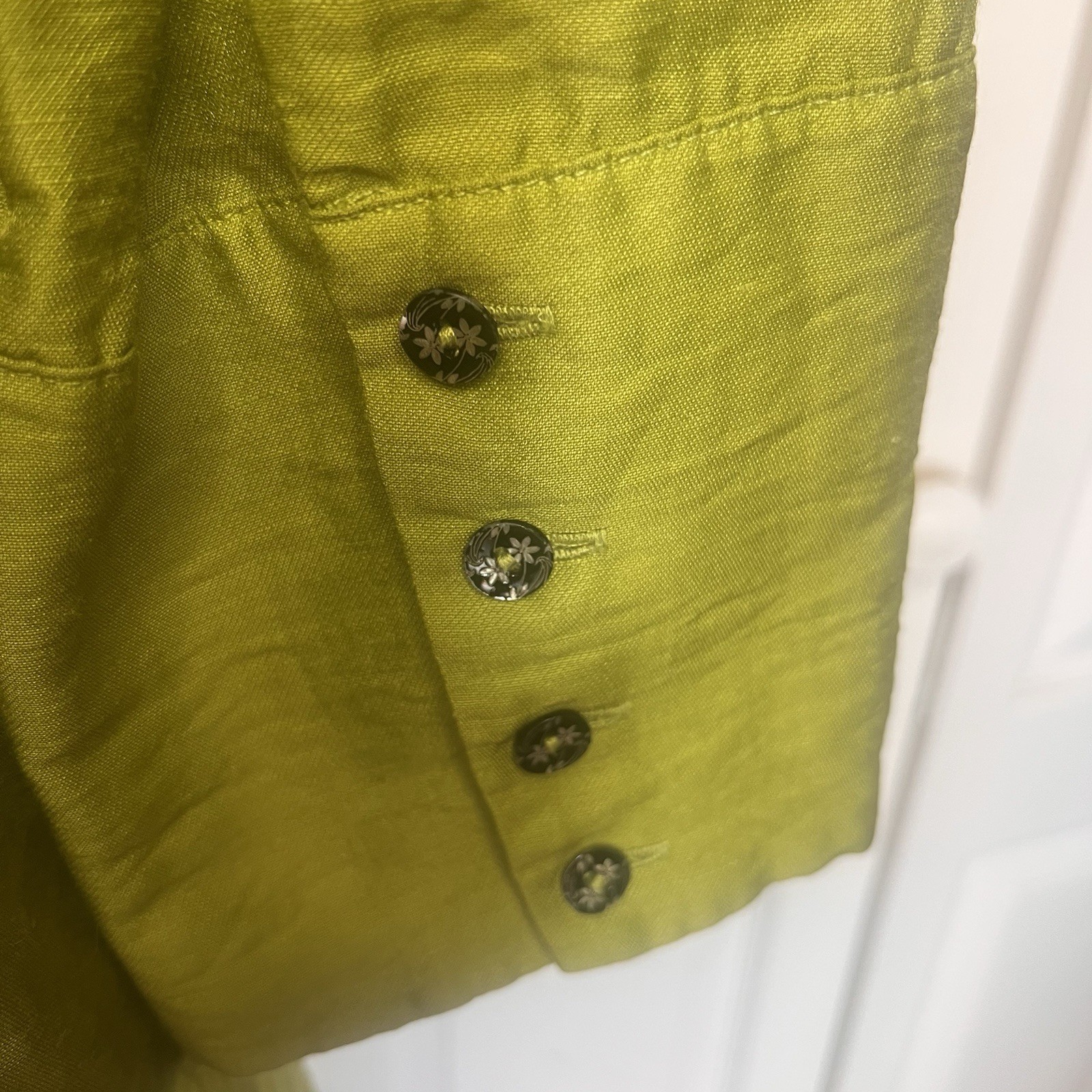 Farinaz Taghavi Linen Blend Blazer Sz 10 Green 3/4 Sleeve Floral Buttons Luxury