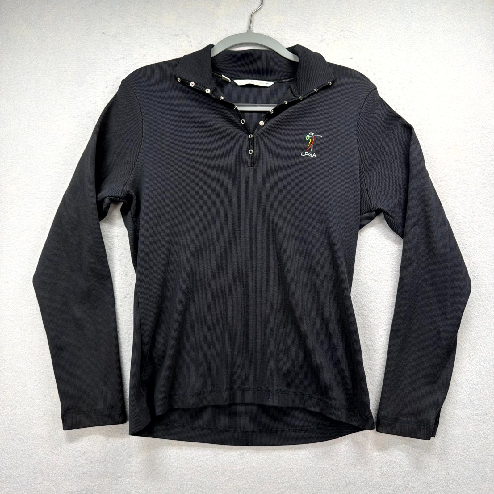 Cutter & Buck LPGA Golf Shirt Women Large Black Ribbed Knit 1/4 Snap Long Sleeve