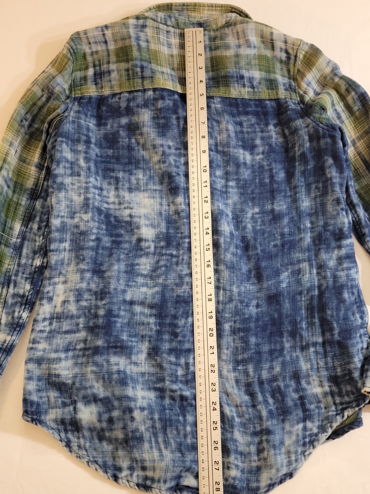 Ryan Michael Blouse Women’s M Western Snap Shirt Snow Wash Indigo Plaid Boho