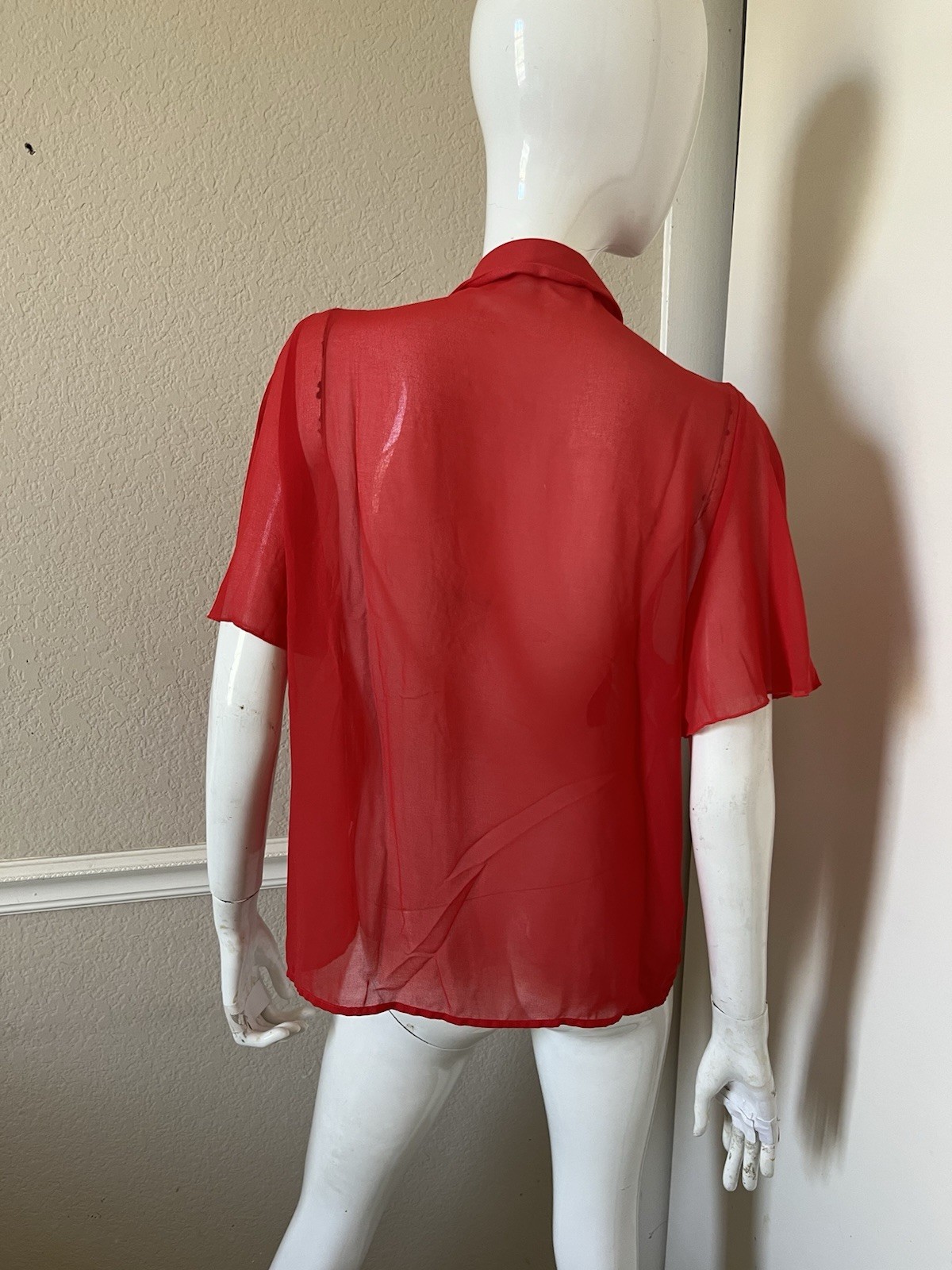 ZARA NWT! Bright Red Sheer Short Flutter Sleeve Pussy Bow Buttoned Blouse Sz L
