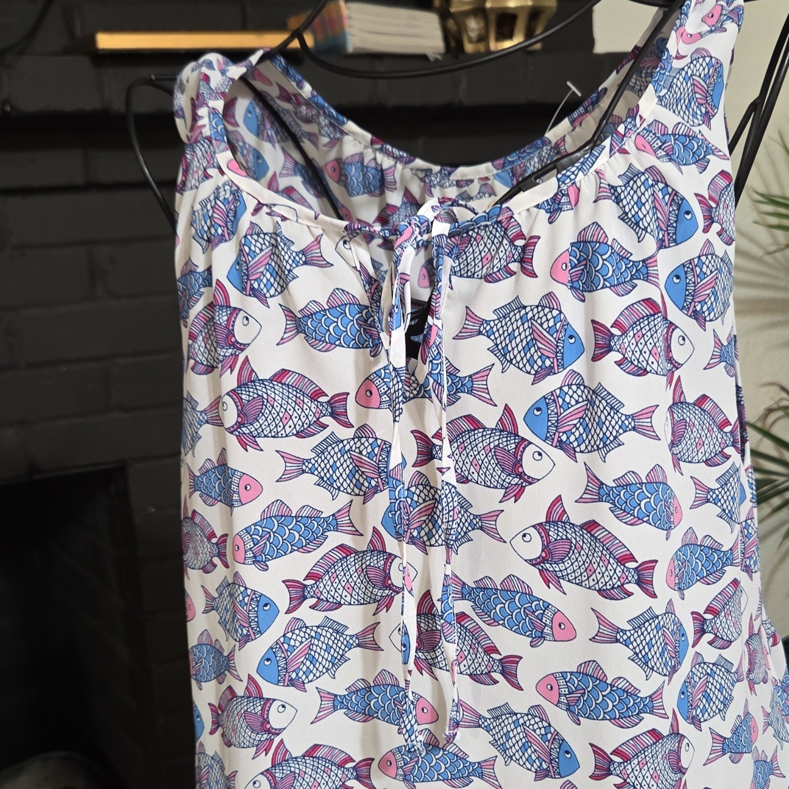 C Women’s L White Blue Pink Fish Print Tunic Round Neck Sleeveless Pullover Tie