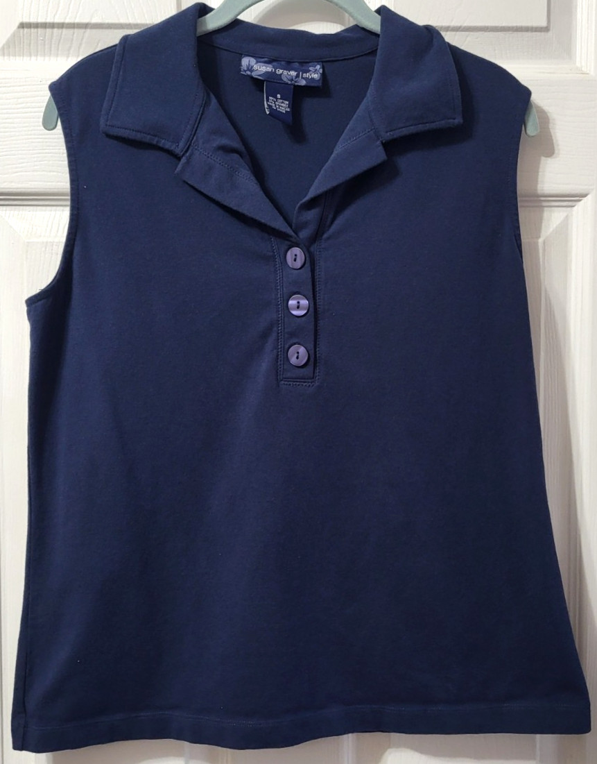 Susan Graver Style Top Womens Small Dark Blue 3 Button Sleeveless Collared Shirt