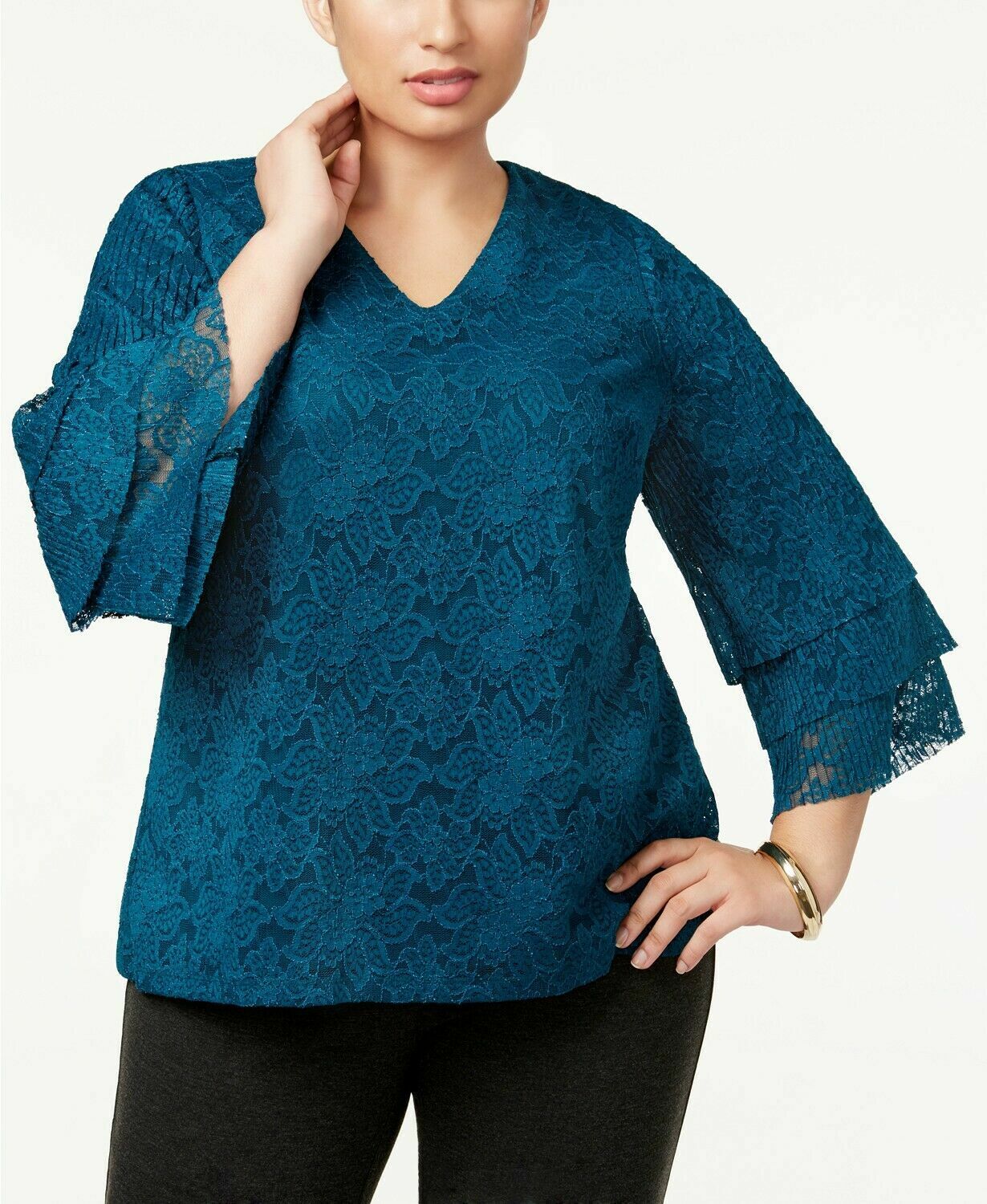 Charter Club Size L Blouse Womens Tiered-Sleeve Lace Top Deep Pine NEW $79