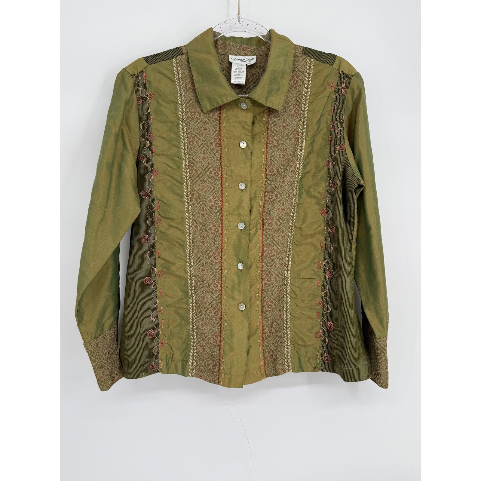 Coldwater Creek Silk Blend Floral Tapestry Pintuck Blouse Olive Green Sz PS