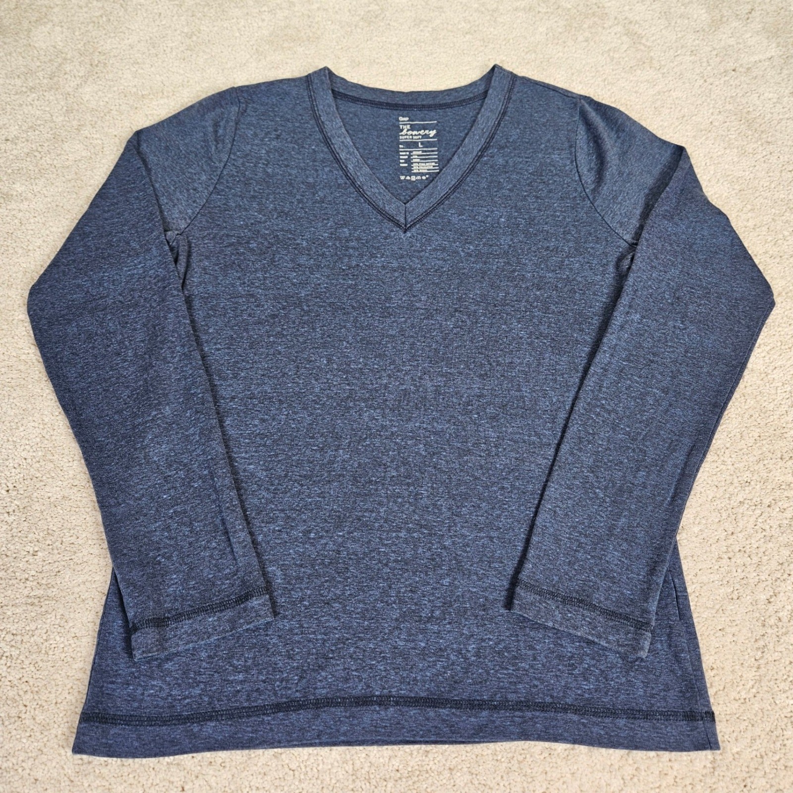 Gap The Bowery Super Soft V-Neck LS T-Shirt Navy Blue Heather L Pima Cotton