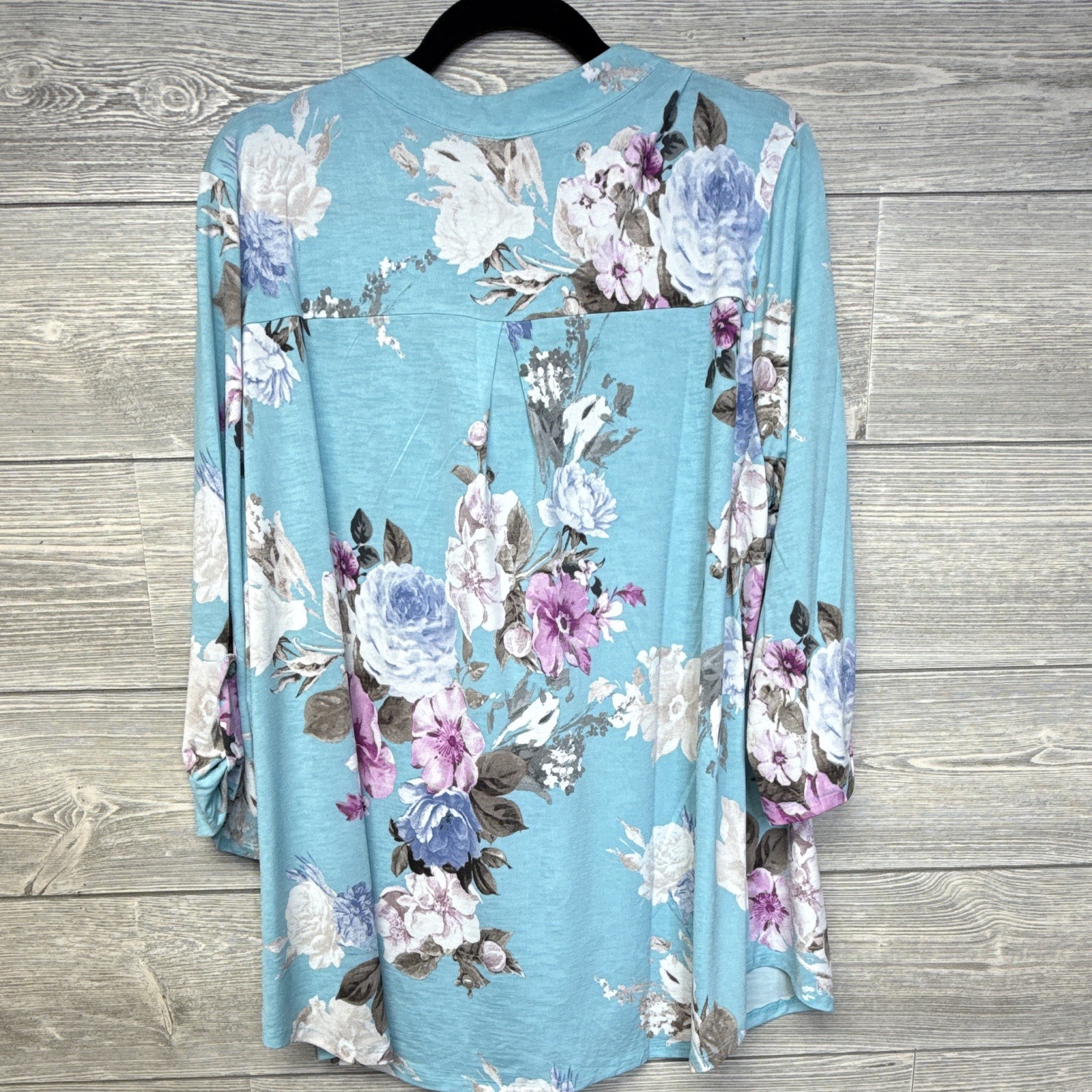 Dear Scarlett XL Blue Floral V-Neck 3/4 Roll Tab Tunic Blouse Stretch
