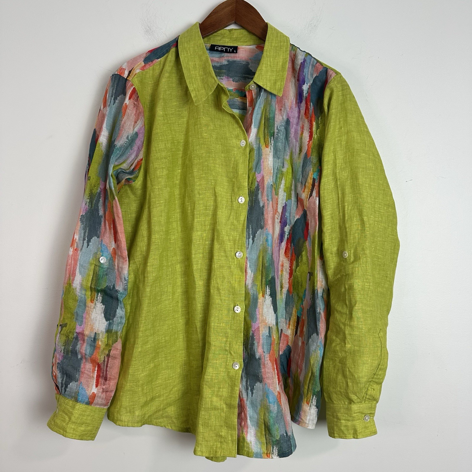 APNY Womens Linen Button Up Shirt L Green Watercolor Artsy Lagenlook Boho