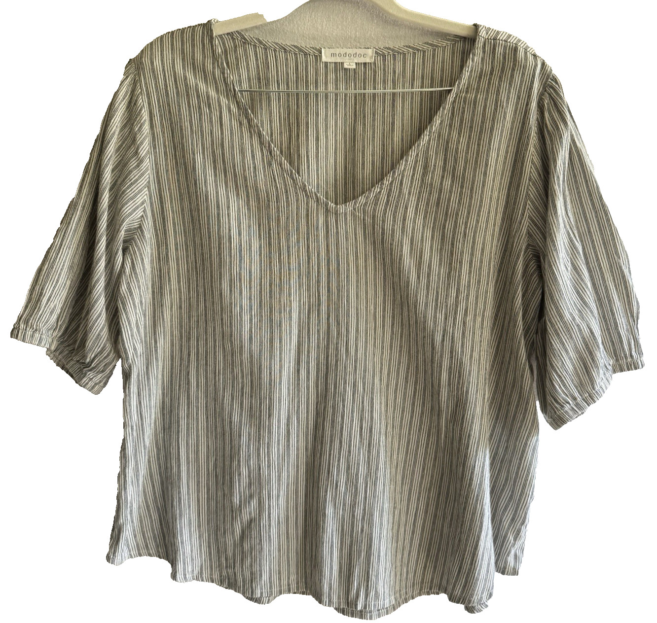 Mododoc Womens Large Gray White Striped 100% Cotton V Neck 3/4 Sleeve Blouse
