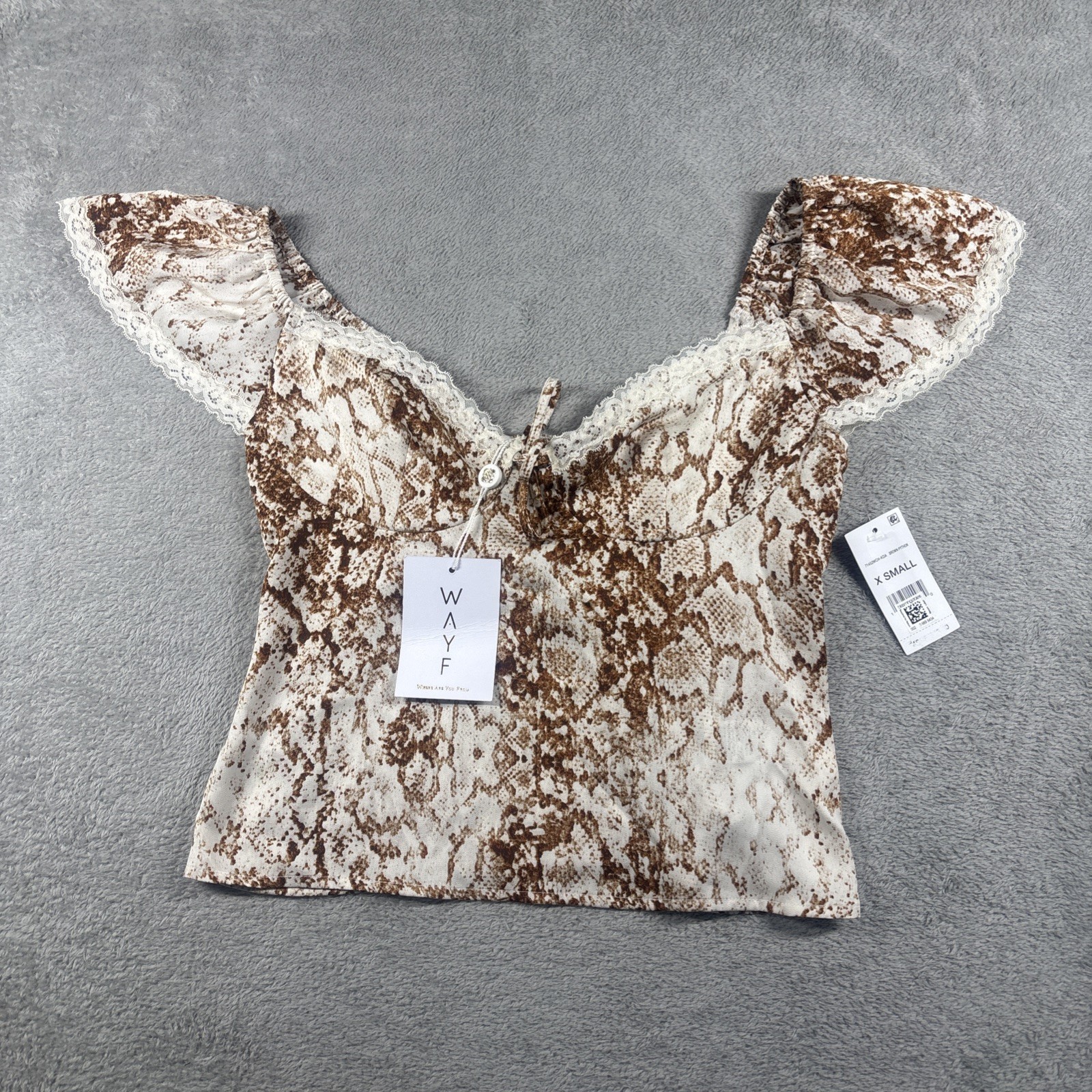 NWT WAYF Women’s Melissa Lace Trim Sweetheart Top Python Print Brown Size XS