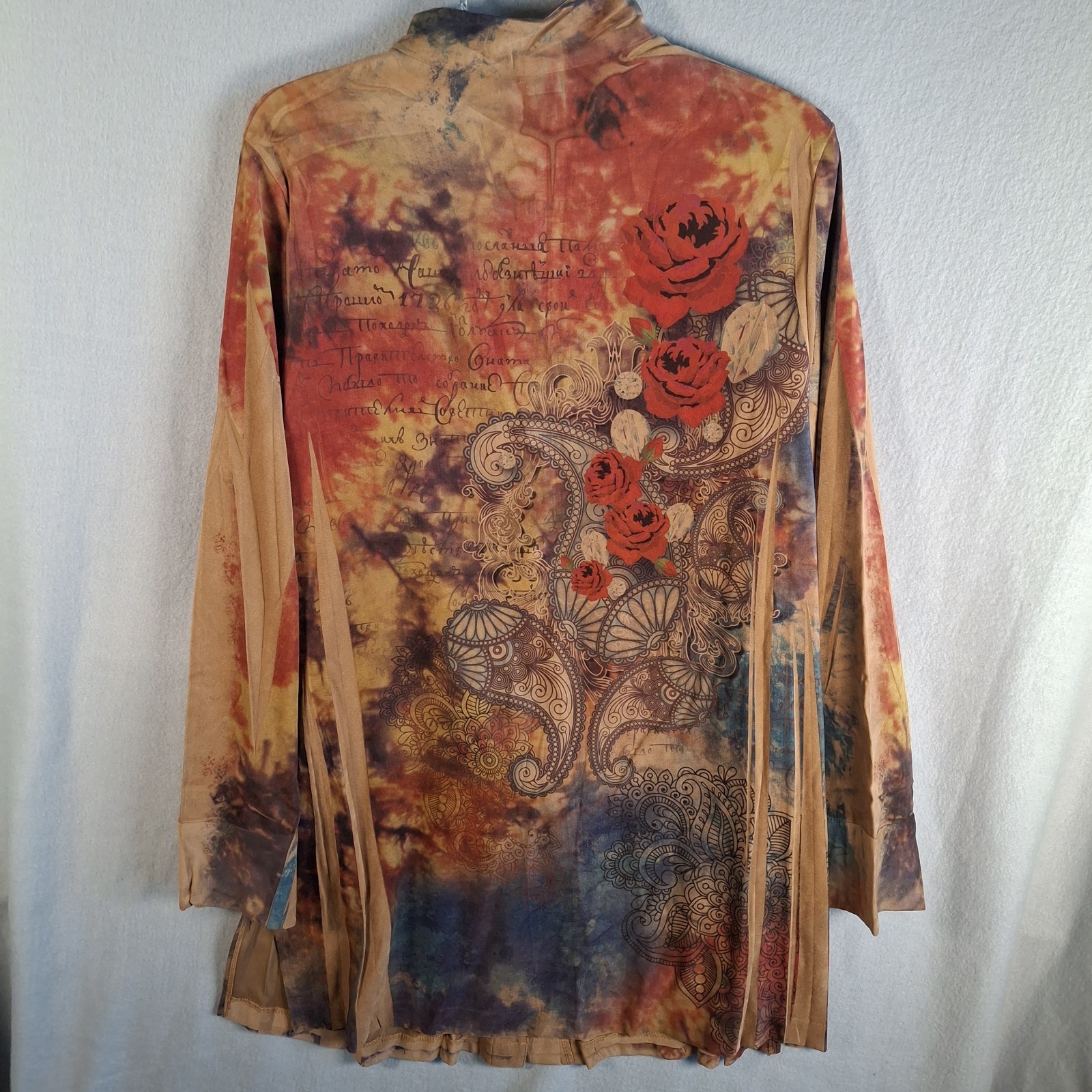 FANTAZIA Lagenlook Tunic Shirt 1X Art To Wear Rose Floral Script Made in USA ITY