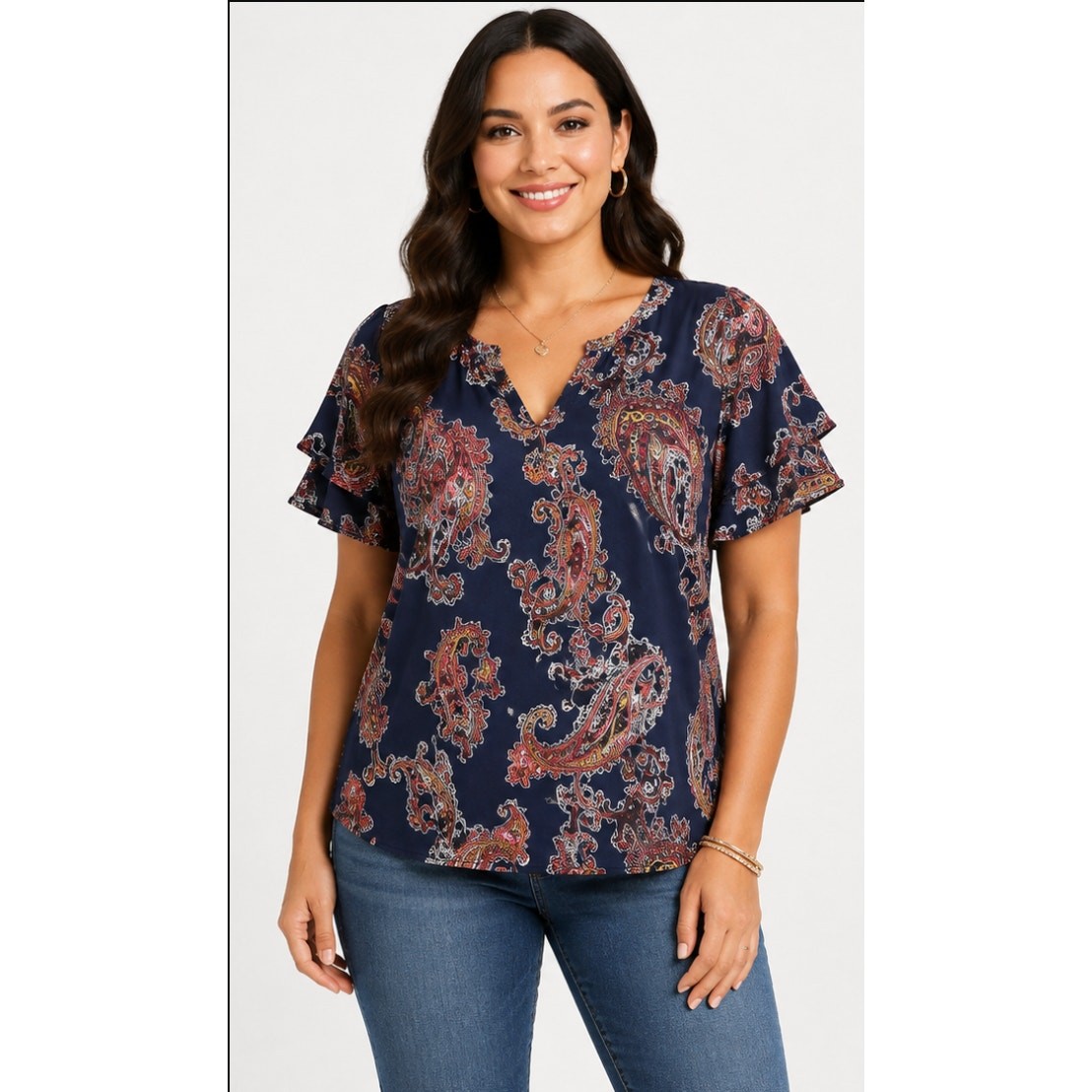 Cato Womens L Navy Paisley Blouse Layered Flutter Sleeve Boho V-Neck Top
