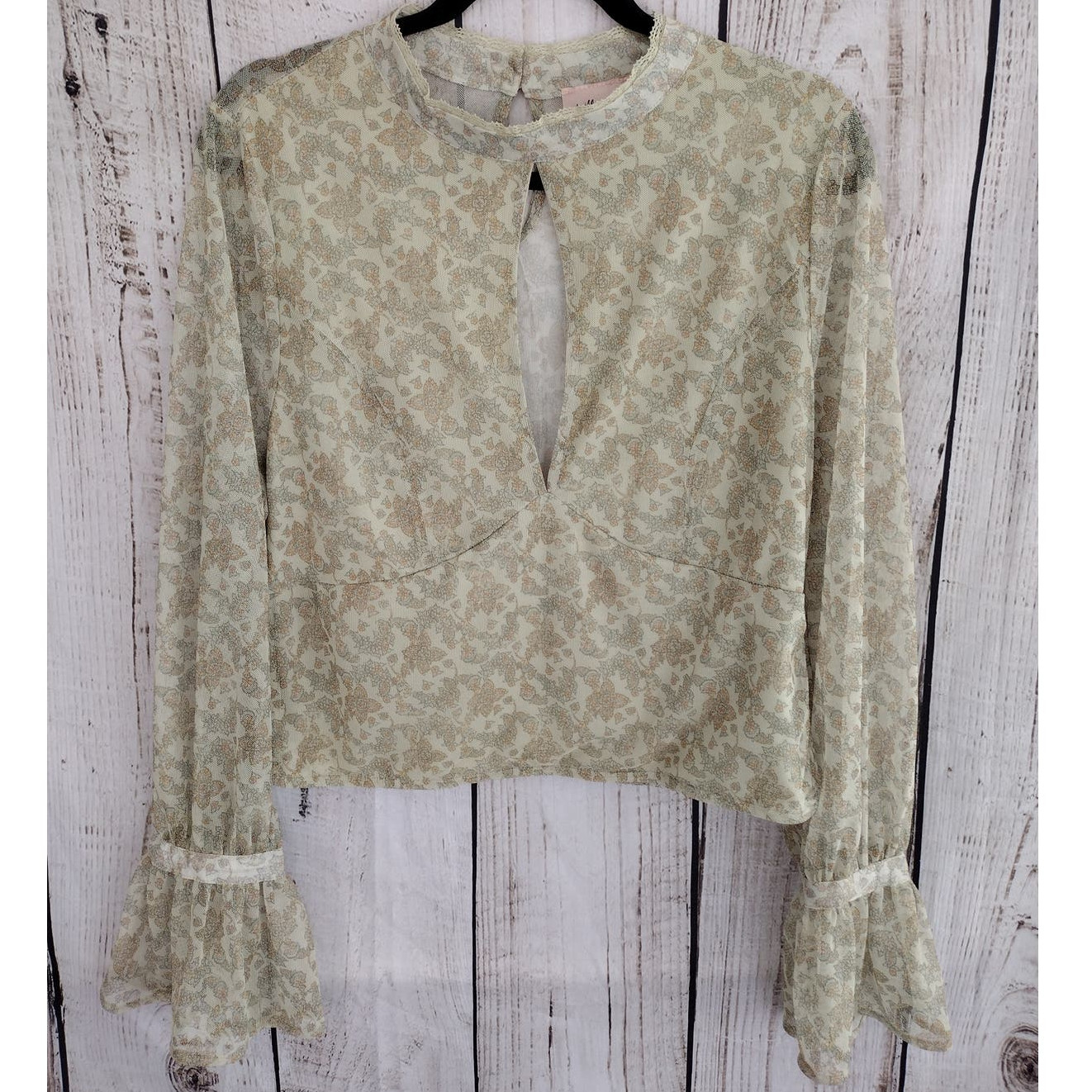 Willow & Root NEW Boho Green Floral Keyhole Smocked Mesh Top Women’s XL Prairie