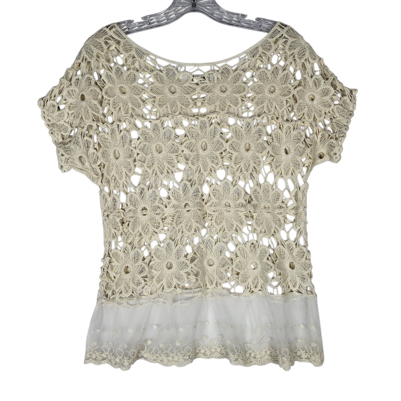 Bohemian Crochet Lace Top Women’s Small Cream Short Sleeve Coastal Cottagecore
