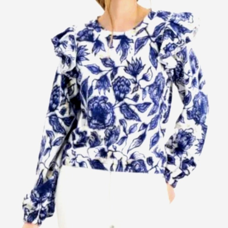 INC Intl Concepts Ruffle Shoulder French Terry Top Martina Blooms PL Petite Lg