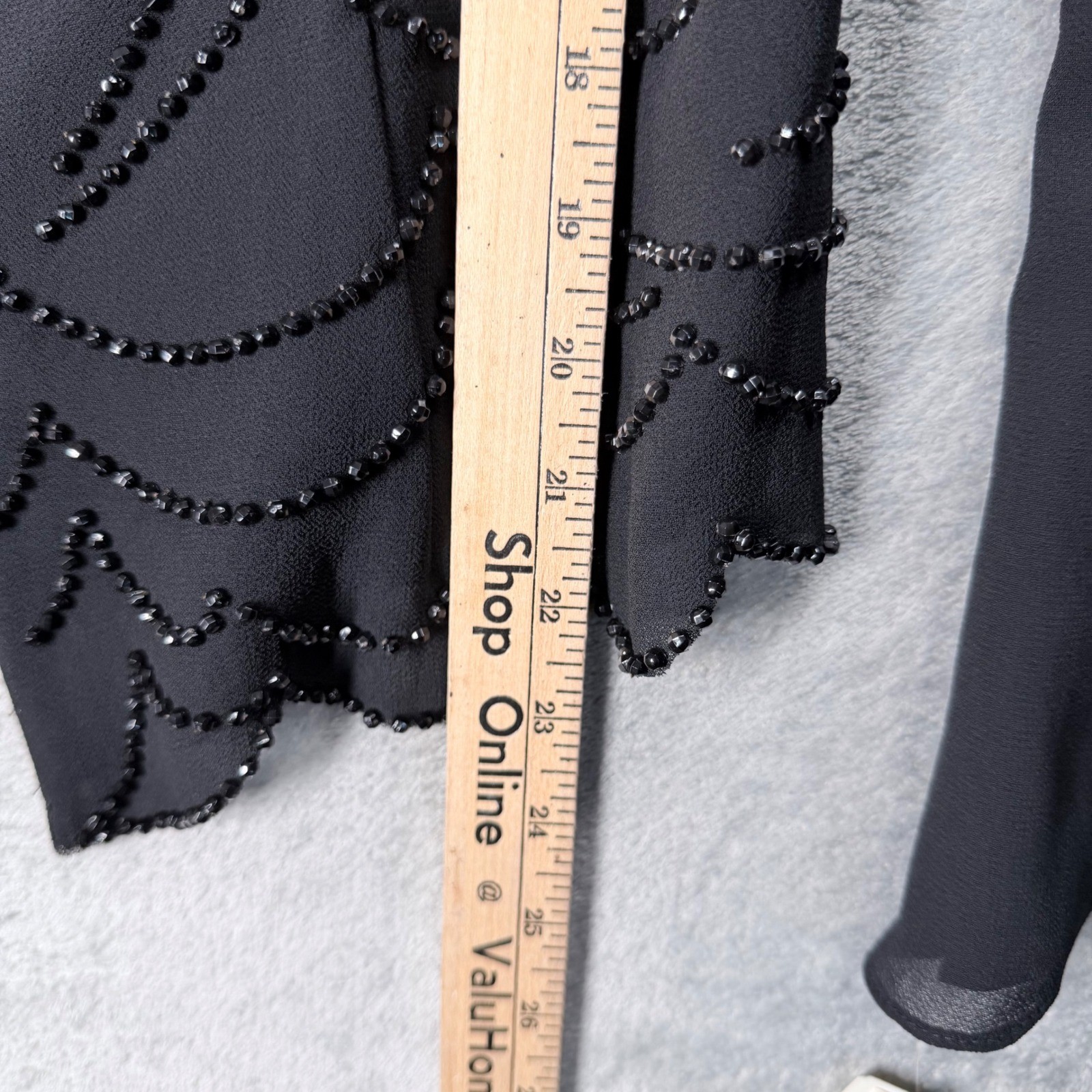 Dressbarn Blouse Womens 12 Black Beaded Bell Sleeve Scalloped Hem V-Neck Jacket