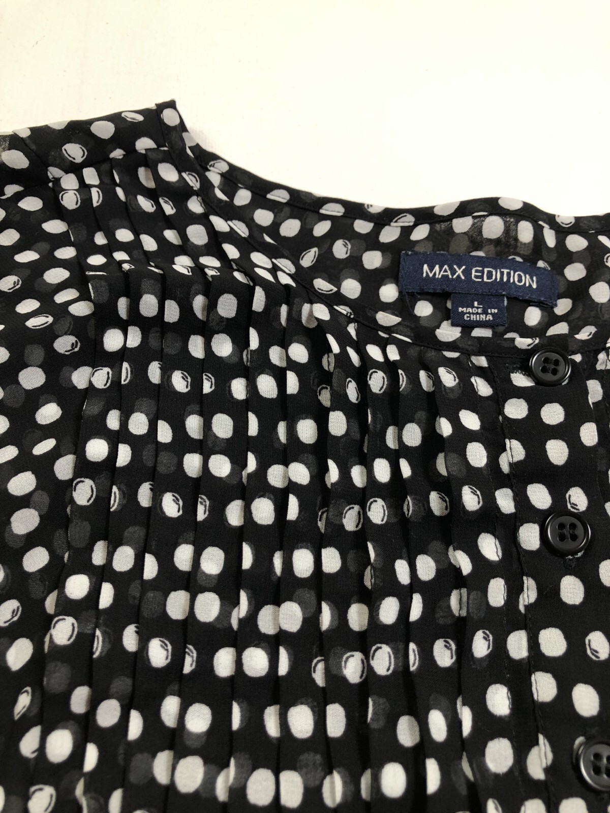 Max Edition Blouse Women’s Large L Black White Polka Dots Long Sleeves Sheer Top