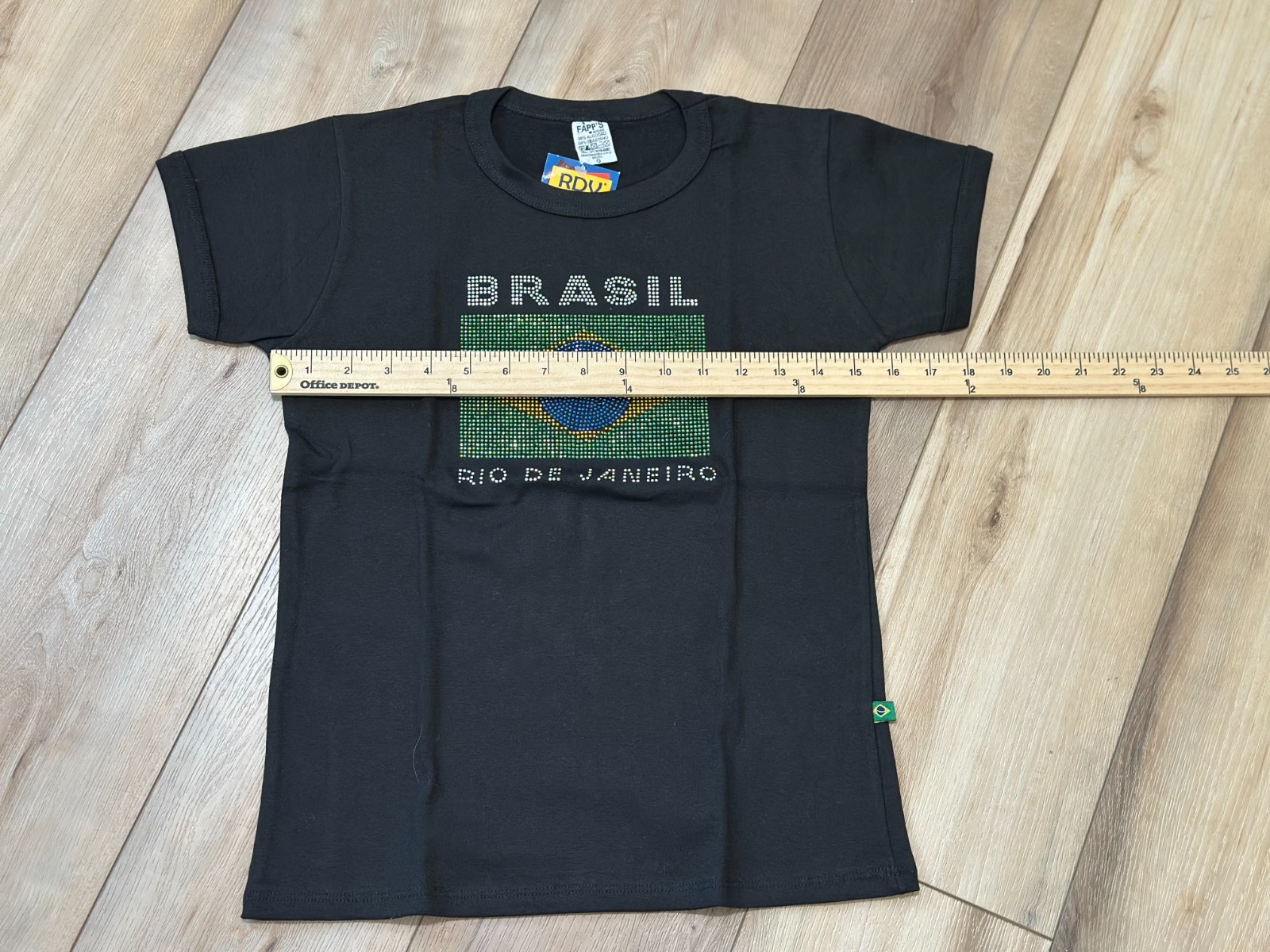 Brazil Rio de Janeiro Rhinestone Tee Shirt Black Fitted Stretch Top Made In Braz
