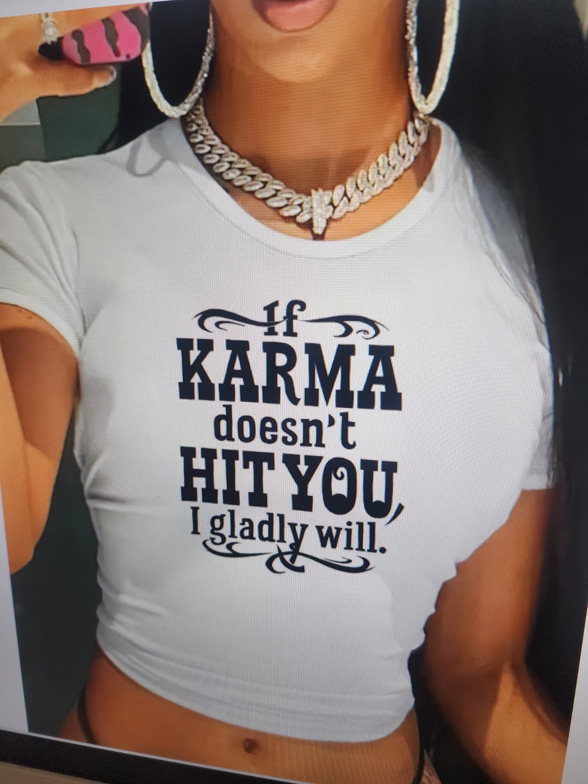 “If Karma Doesn’t Hit You I Gladly Will” Stretchy Women’s Shirt Relaxed Fit Med